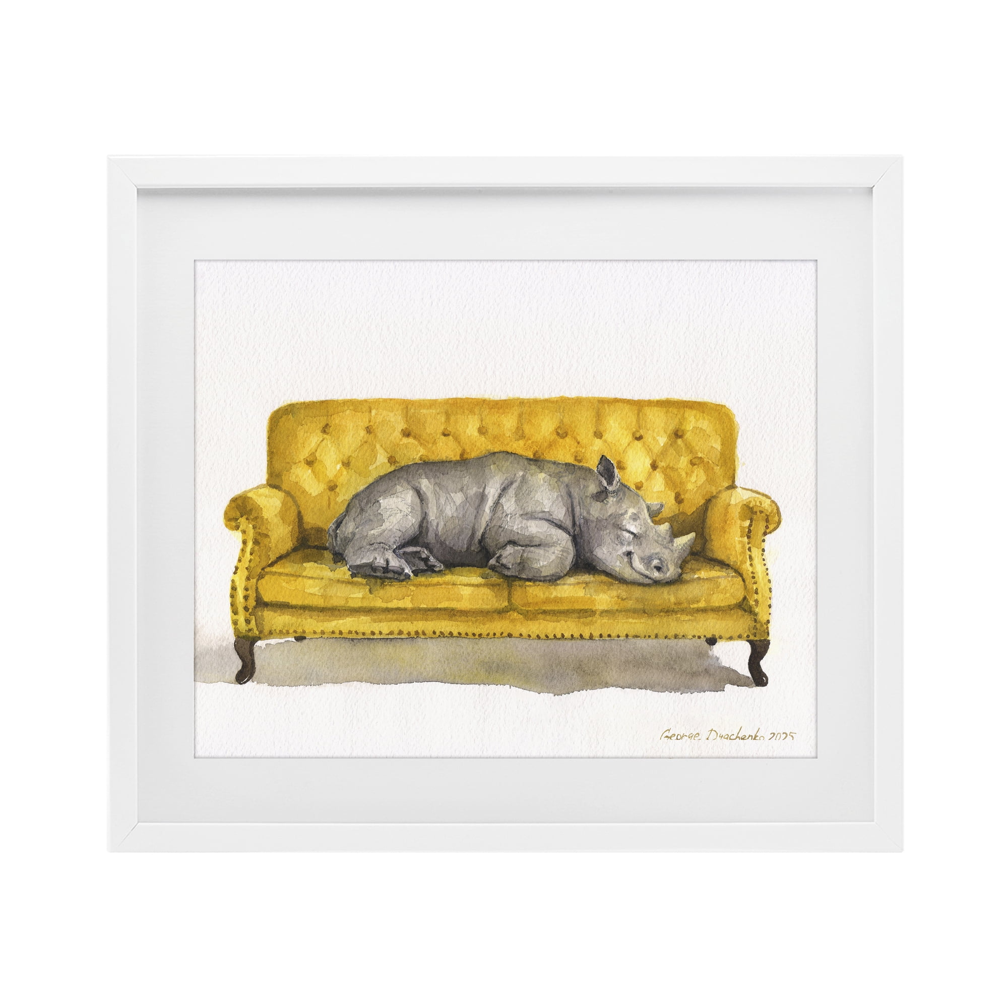 Stupell Industries Cute Rhino Resting White Framed Print Under Glass, design by George Dyachenko