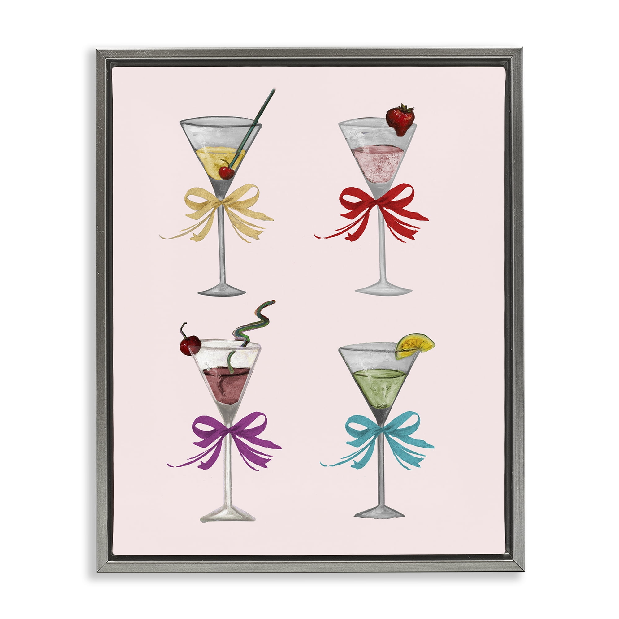 Stupell Industries Cute Ribbon Cocktails Food & Beverage Painting Gray Floater Framed Canvas Art Print Wall Art, 17 x 21