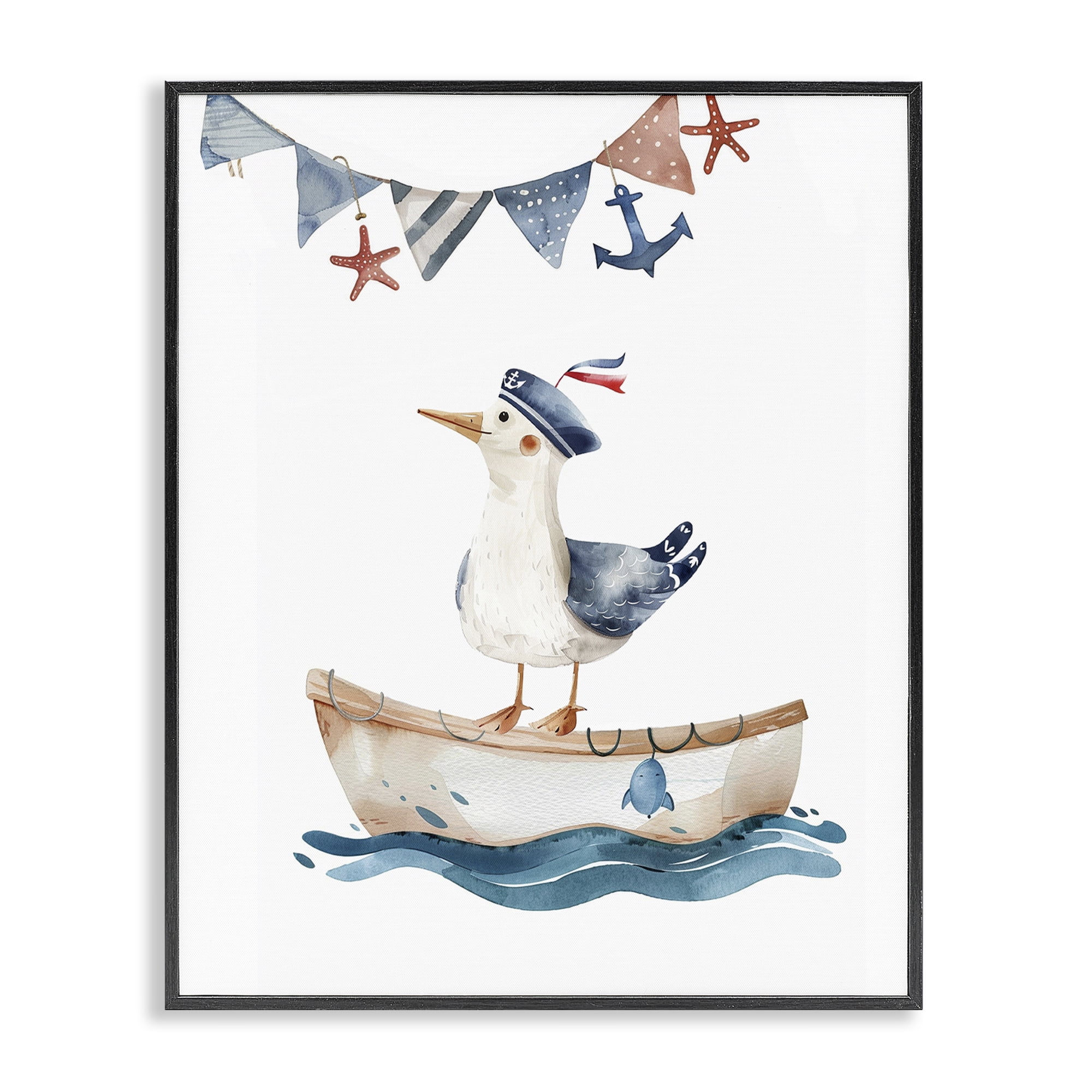Stupell Industries Cute Sailor Seagull Animals Painting Black Framed Art Print Wall Art, 16 x 20