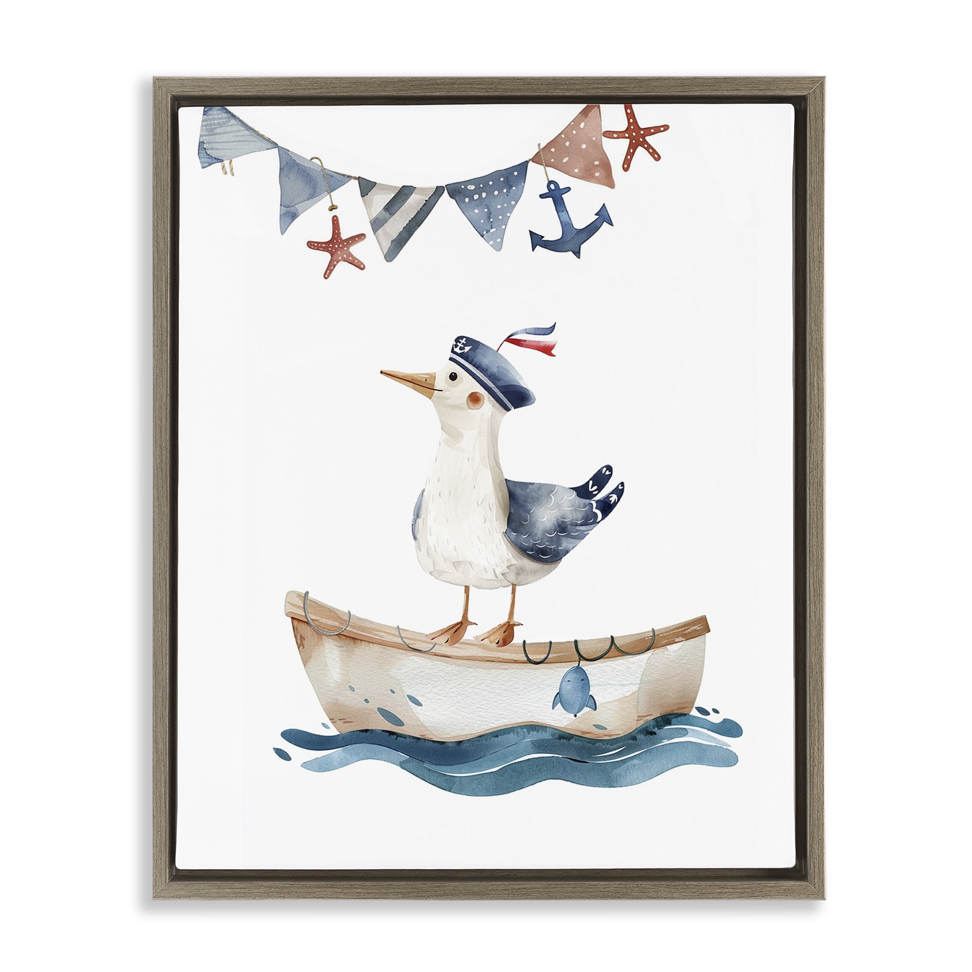 Stupell Industries Cute Sailor Seagull Animals Painting Brown Floater Framed Canvas Art Print Wall Art, 17 x 21