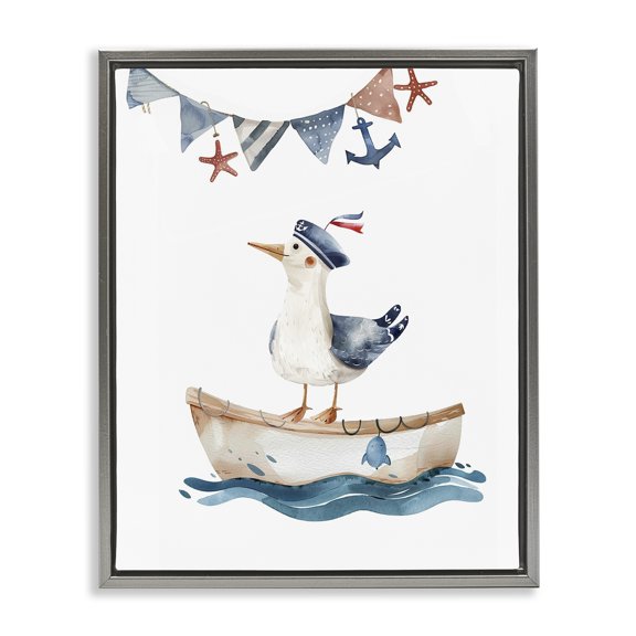 Stupell Industries Cute Sailor Seagull Animals Painting Gray Floater Framed Canvas Art Print Wall Art, 25 x 31