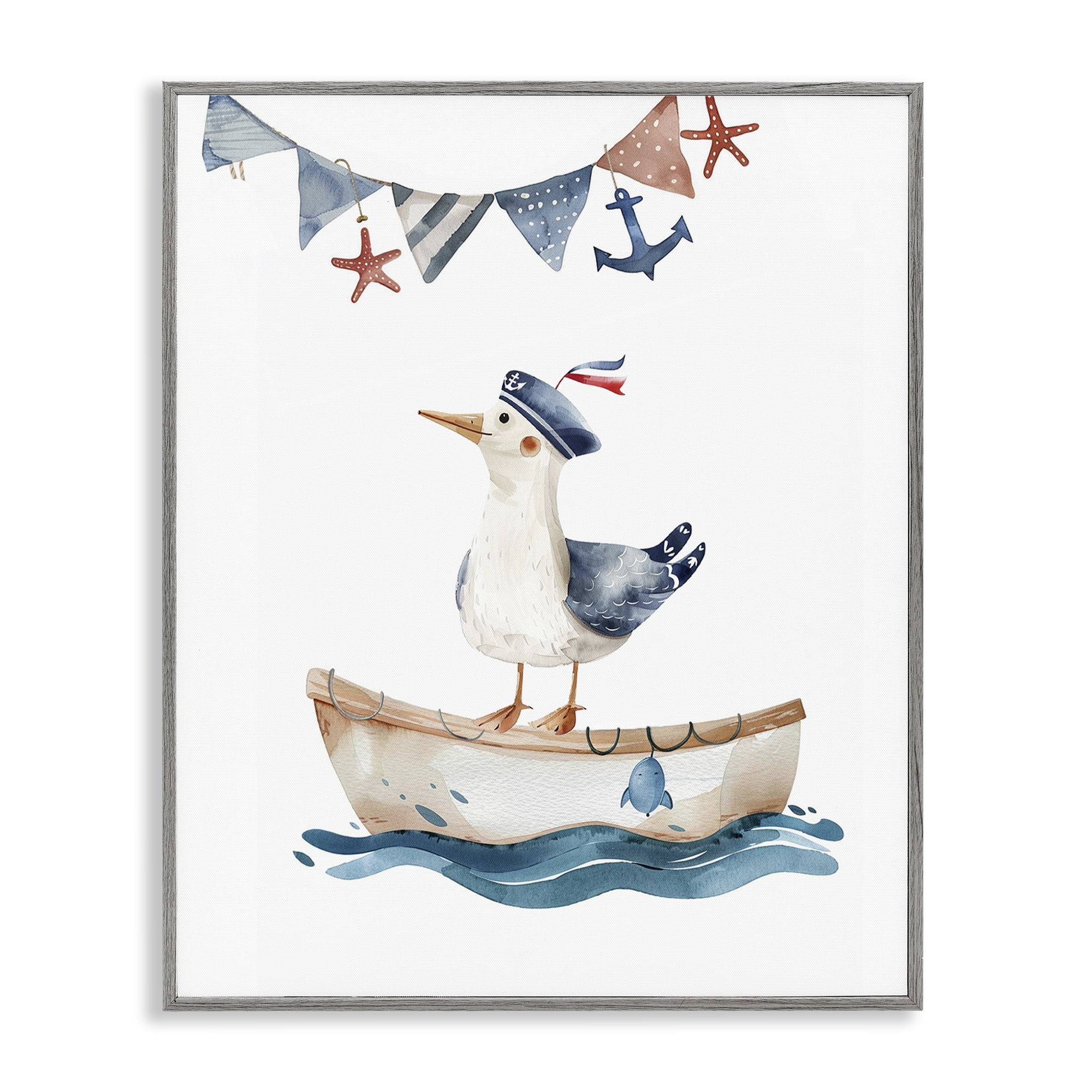 Stupell Industries Cute Sailor Seagull Animals Painting Gray Framed Art Print Wall Art, 11 x 14