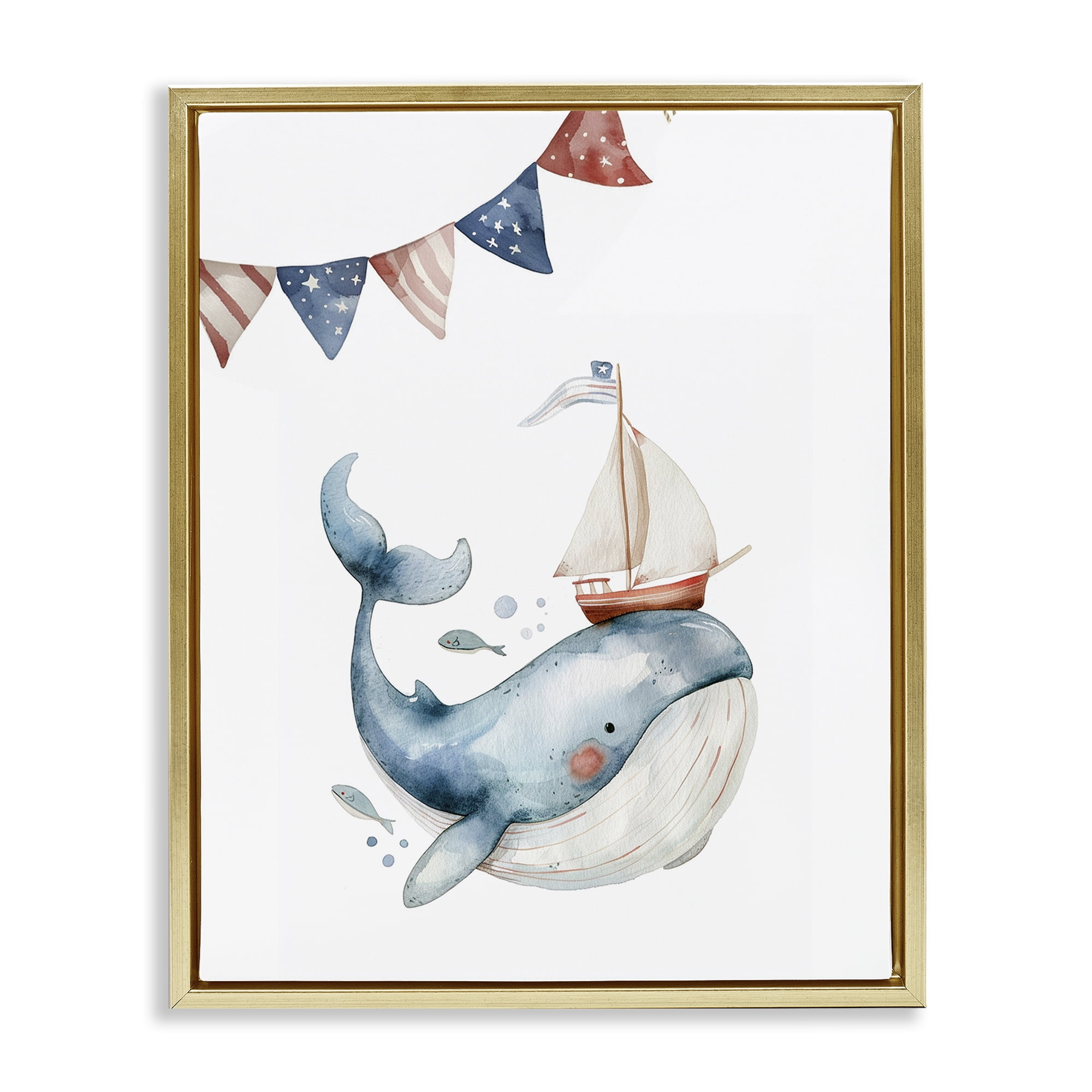 Stupell Industries Cute Sailor Whale Animals Painting Gold Floater Framed Canvas Art Print Wall Art, 17 x 21