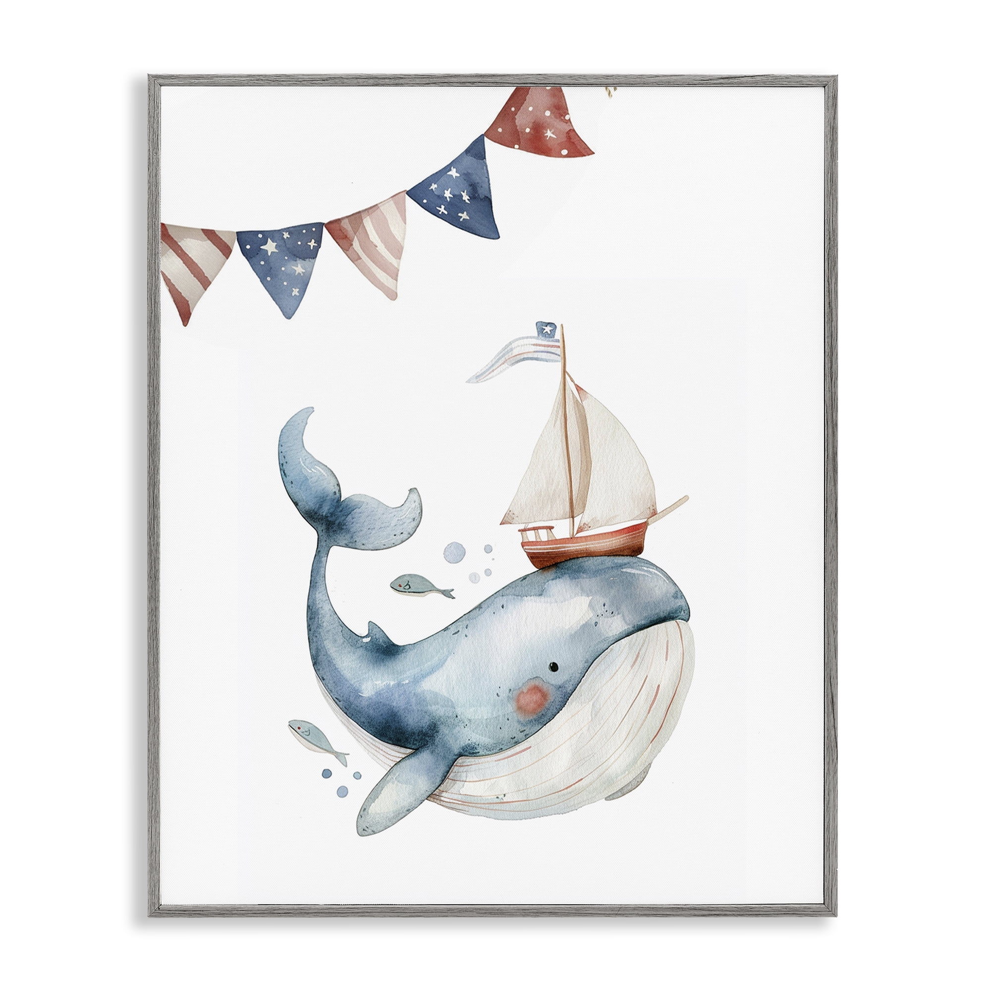 Stupell Industries Cute Sailor Whale Animals Painting Gray Framed Art Print Wall Art, 11 x 14