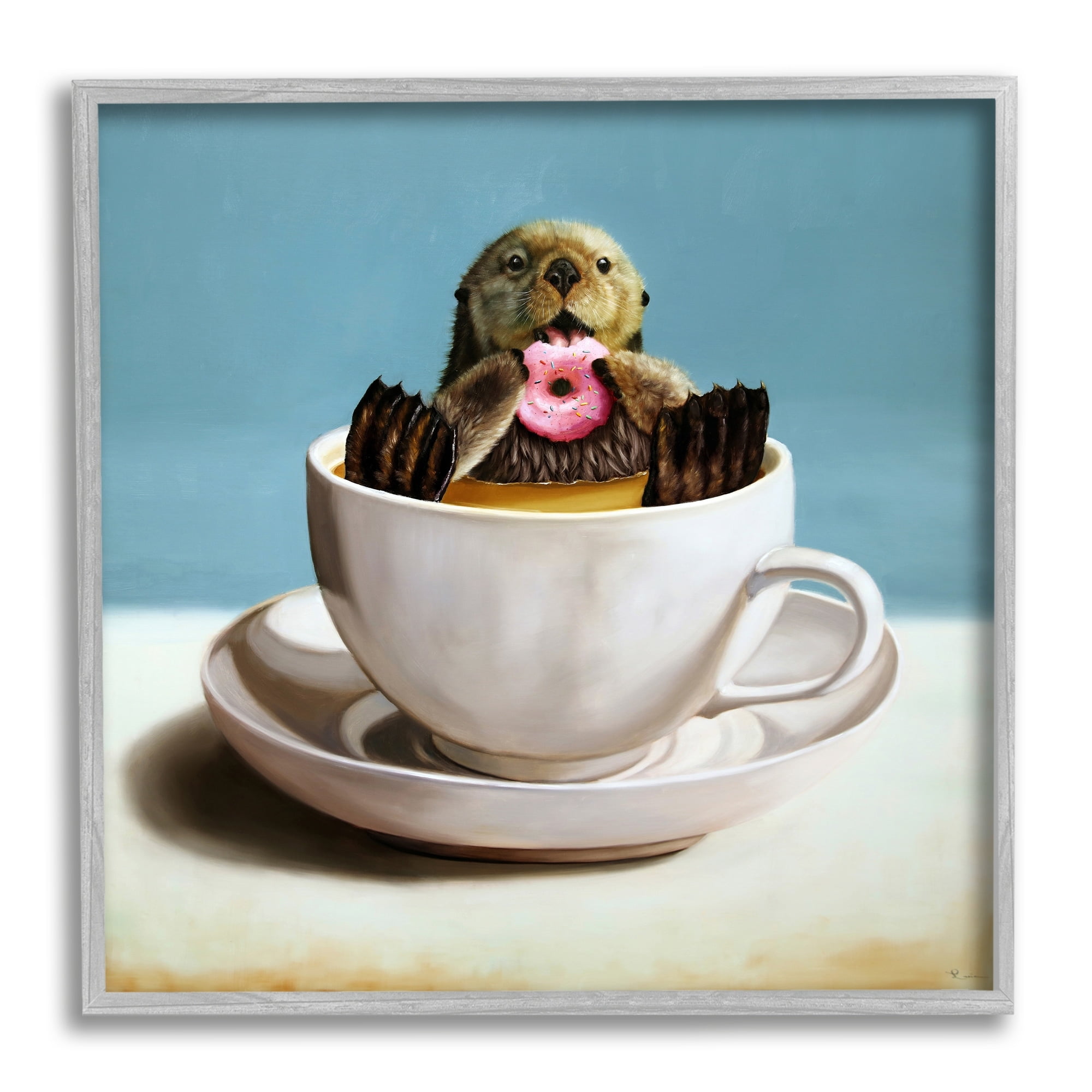 Stupell Industries Cute Seal Pink Donut Floating Coffee Tea Cup Framed Wall Art, 17 x 17, Design by Lucia Heffernan