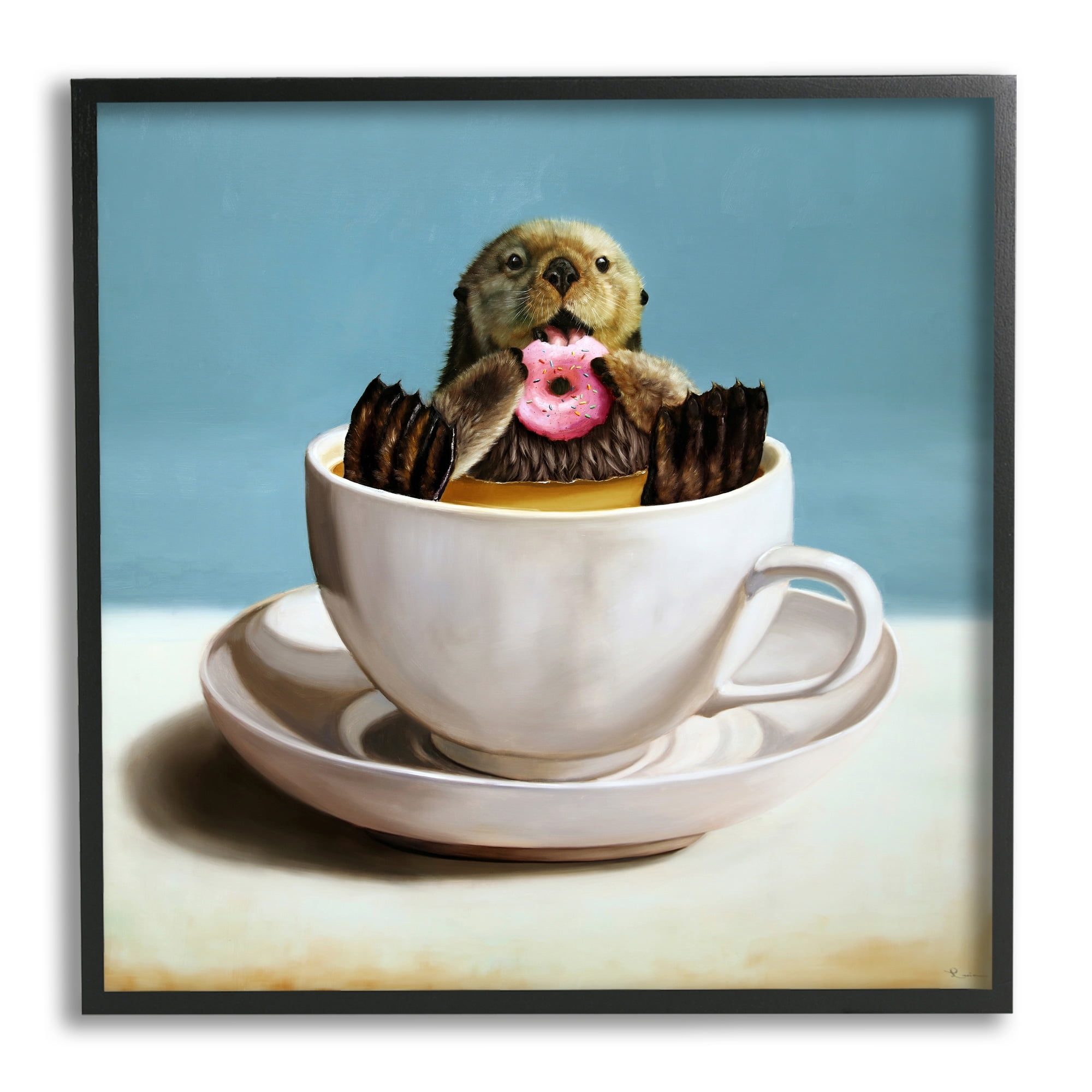 Stupell Industries Cute Seal Pink Donut Floating Coffee Tea Cup Framed Wall Art, 17 x 30, Design by Lucia Heffernan
