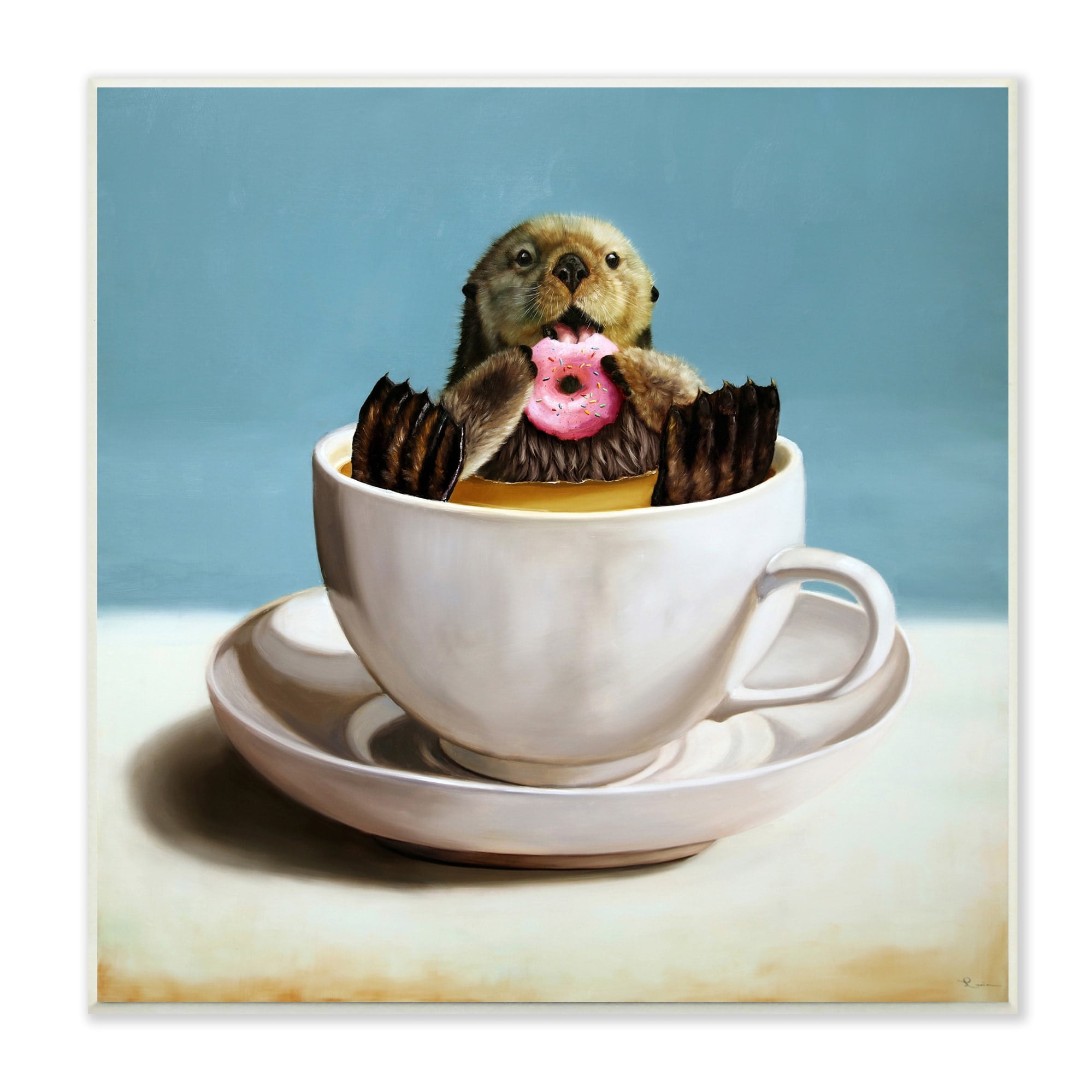 Stupell Industries Cute Seal Pink Donut Floating Coffee Tea Cup Wood Wall Art, 12 x 12, Design by Lucia Heffernan