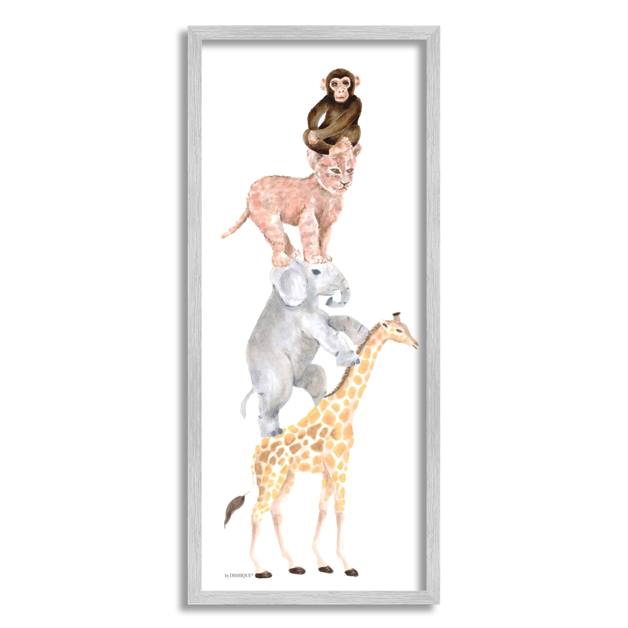 Stupell Industries Cute Stacked Jungle Savanna Animals Wildlife Standing Graphic Art Gray Framed Art Print Wall Art, Design by Dishique