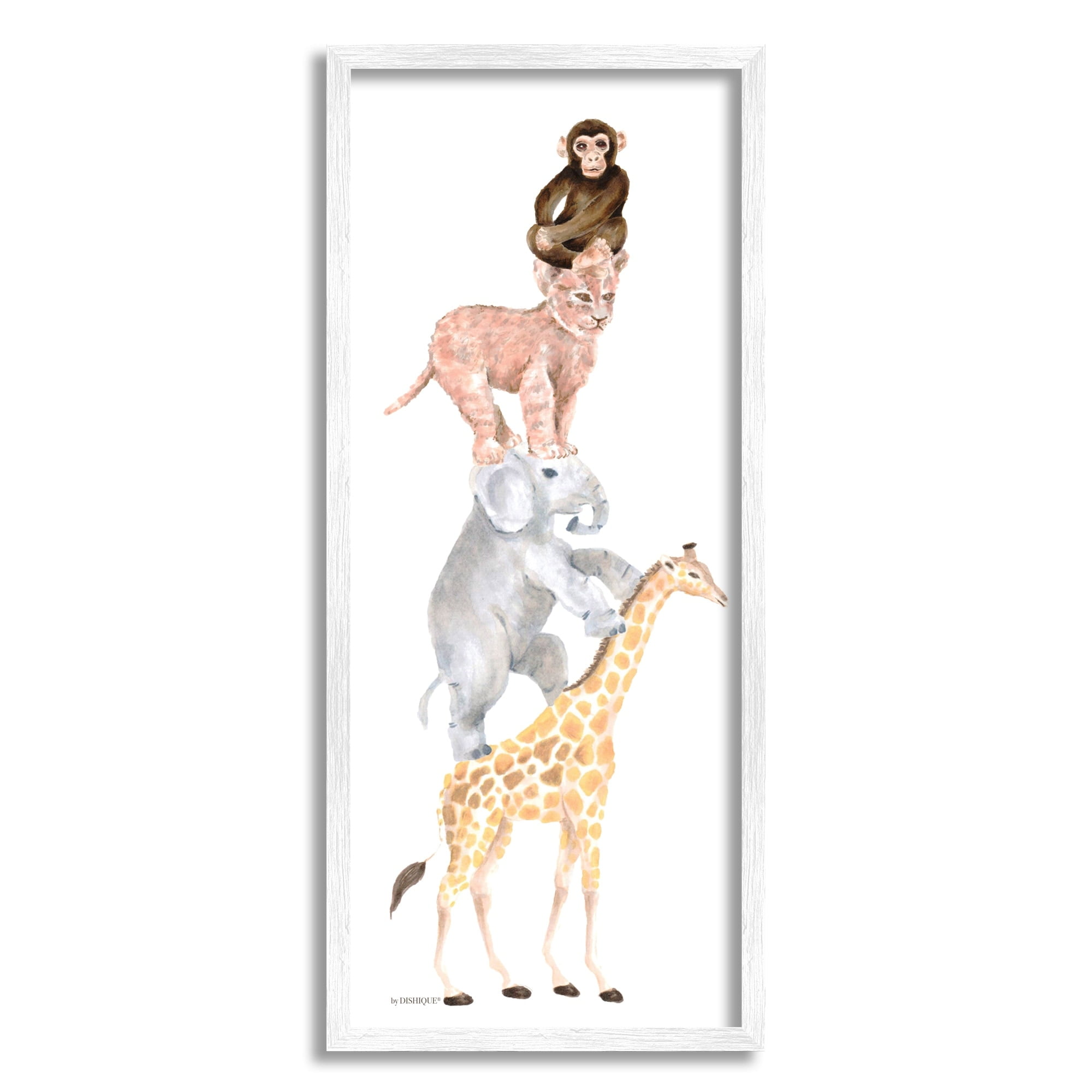 Stupell Industries Cute Stacked Jungle Savanna Animals Wildlife Standing Graphic Art White Framed Art Print Wall Art, Design by Dishique