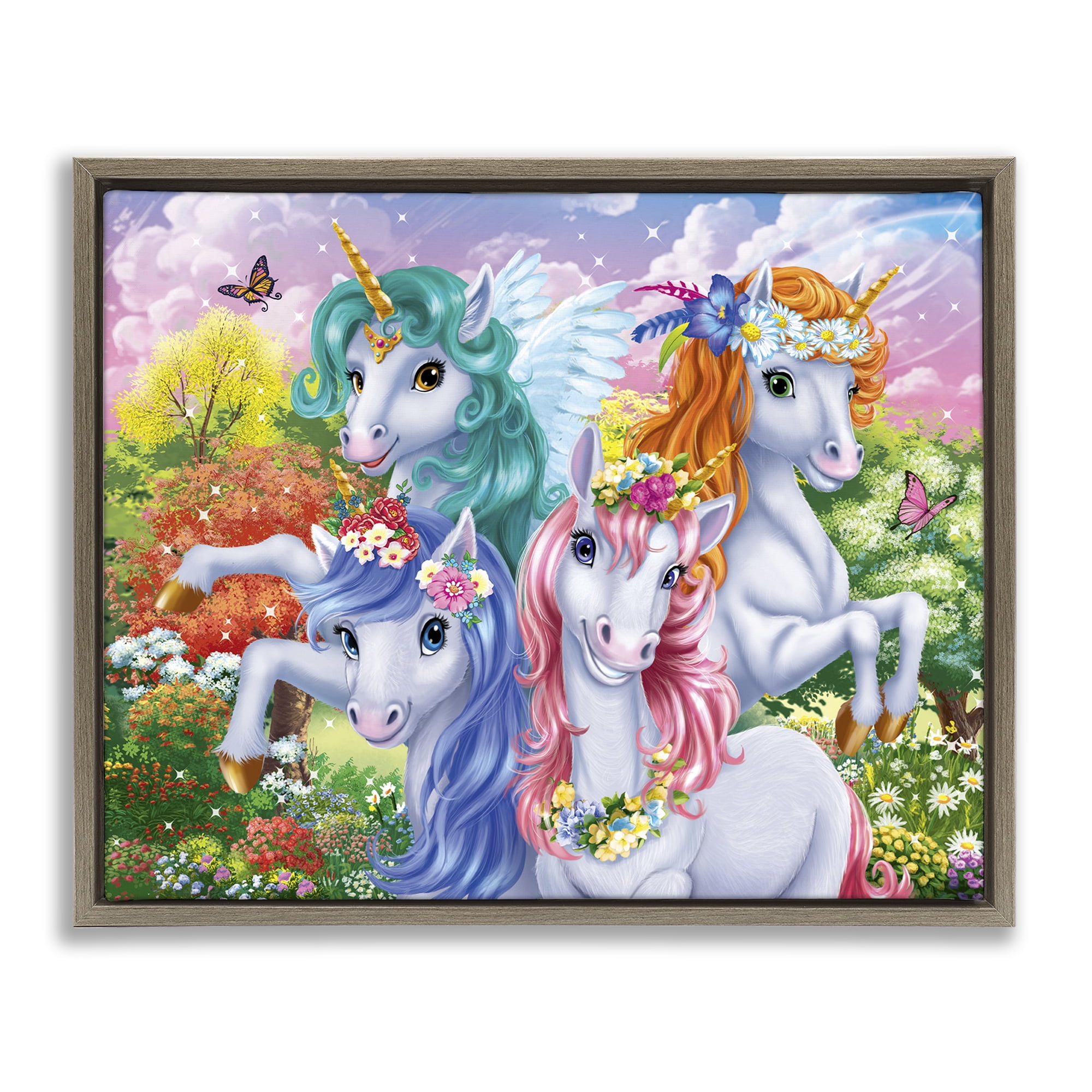 Stupell Industries Cute Unicorn Selfie Fantasy & Sci-Fi Painting Brown Floater Framed Canvas Art Print Wall Art, 31 x 25