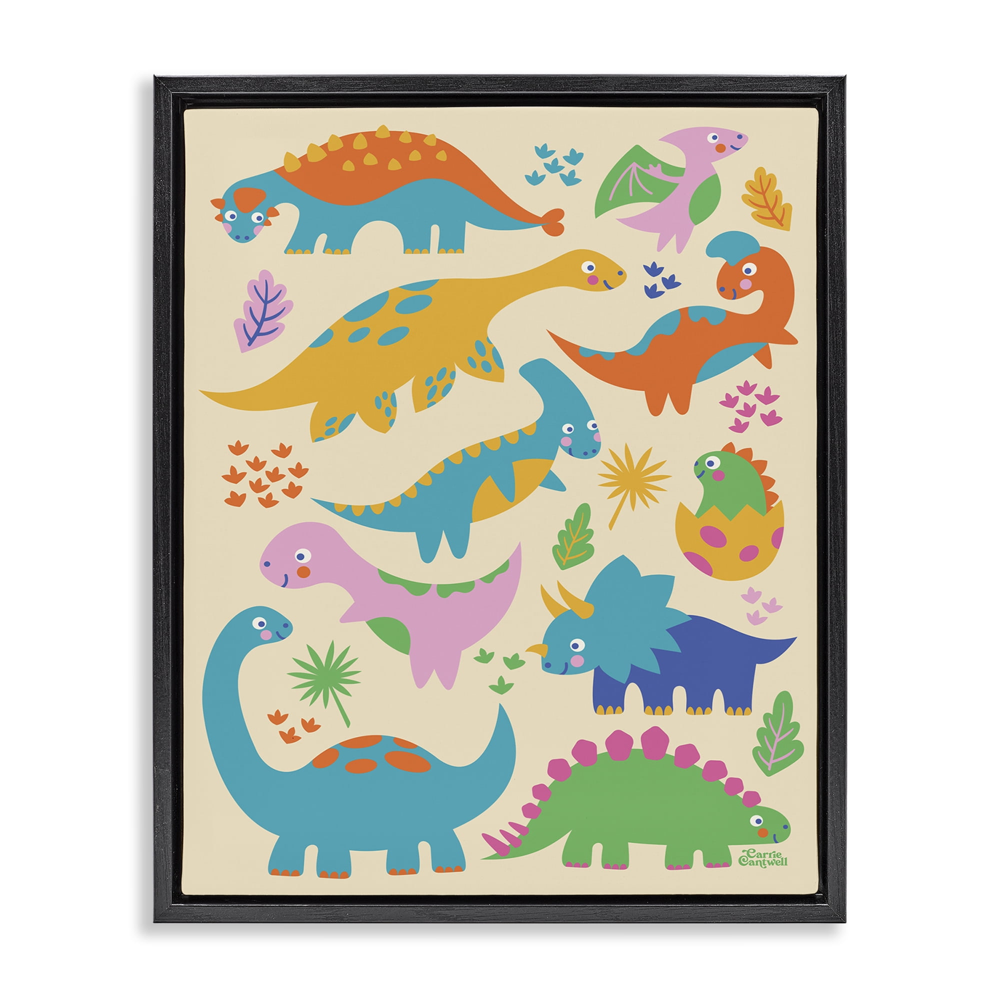 Stupell Industries Cute Whimsy Dinos Animals Painting Black Floater Framed Canvas Art Print Wall Art, 17 x 21