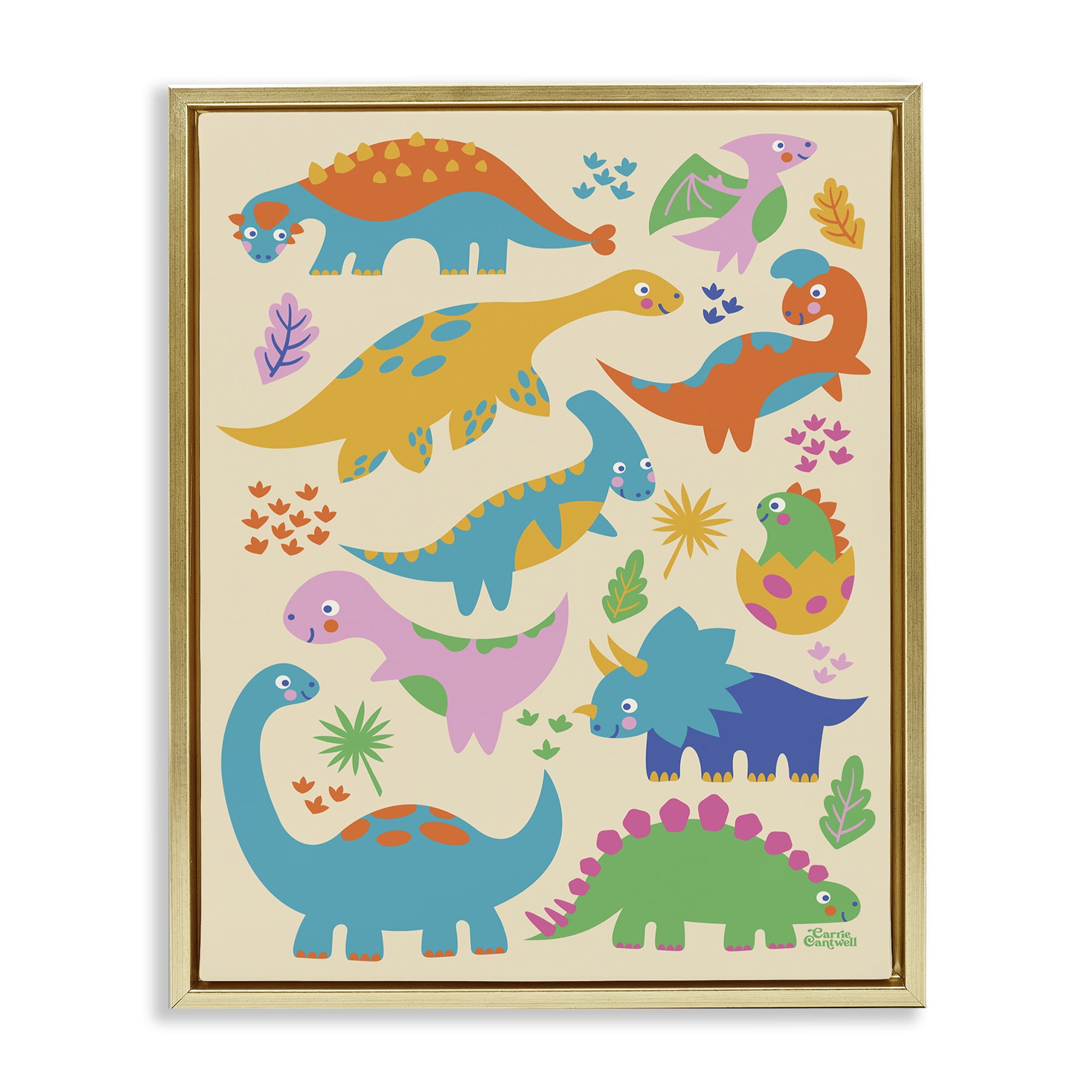 Stupell Industries Cute Whimsy Dinos Animals Painting Gold Floater Framed Canvas Art Print Wall Art, 25 x 31