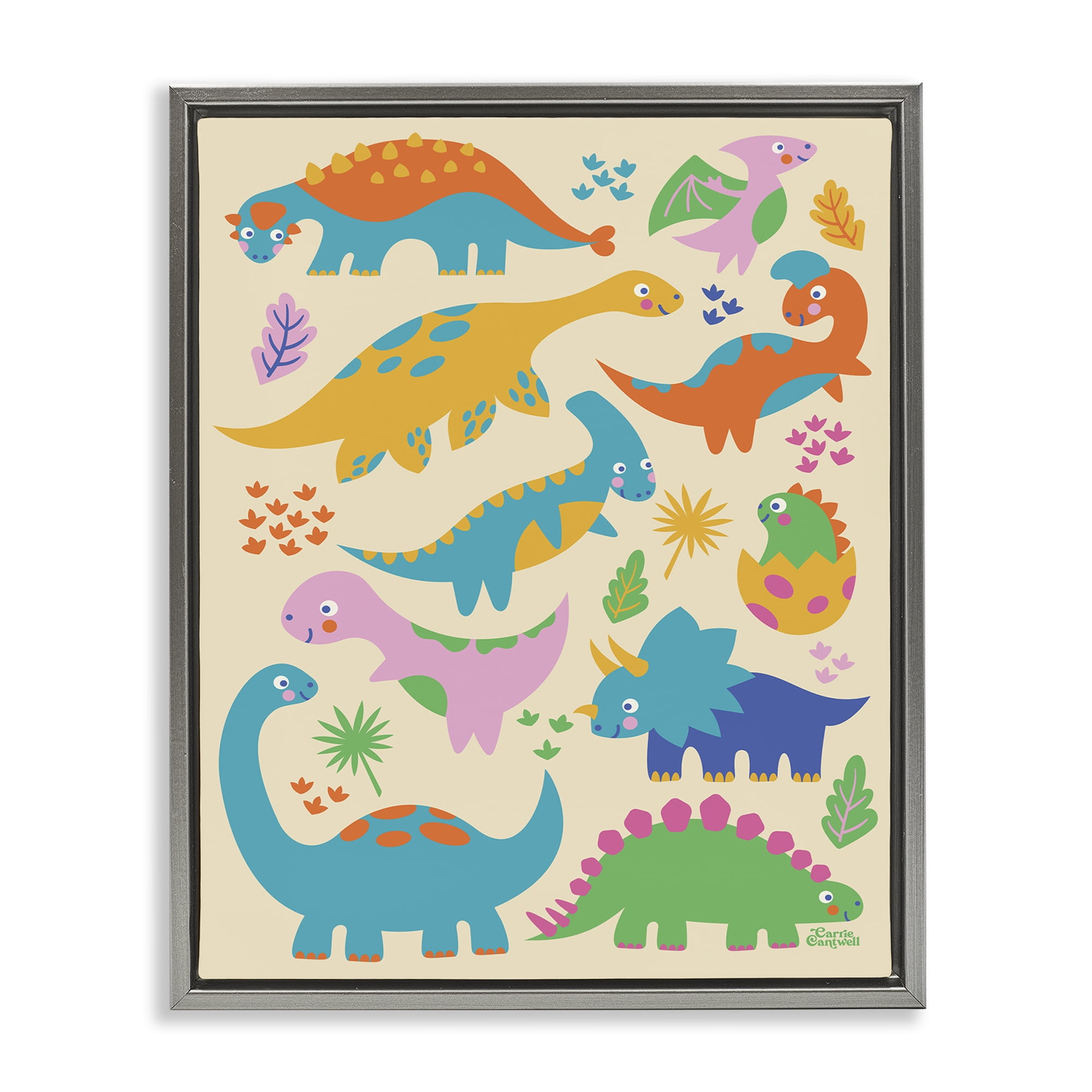 Stupell Industries Cute Whimsy Dinos Animals Painting Gray Floater Framed Canvas Art Print Wall Art, 17 x 21