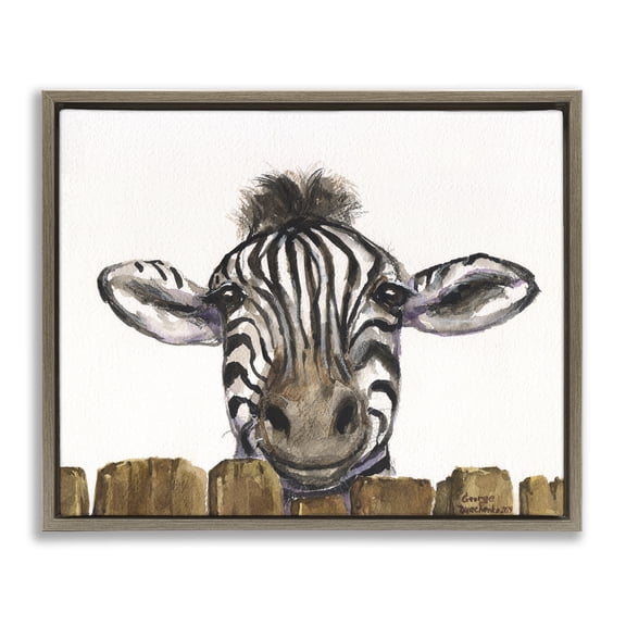 Stupell Industries Cute Zebra Above Fence Brown Framed Floater Canvas Wall Art, design by George Dyachenko