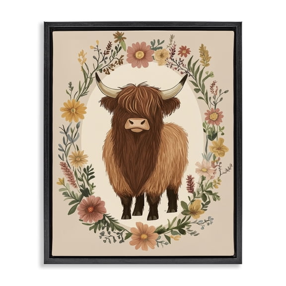 Stupell Industries Cutesy Floral Highland Cow Black Framed Floater Canvas Wall Art design by Petal Prints Design, 21 x 17