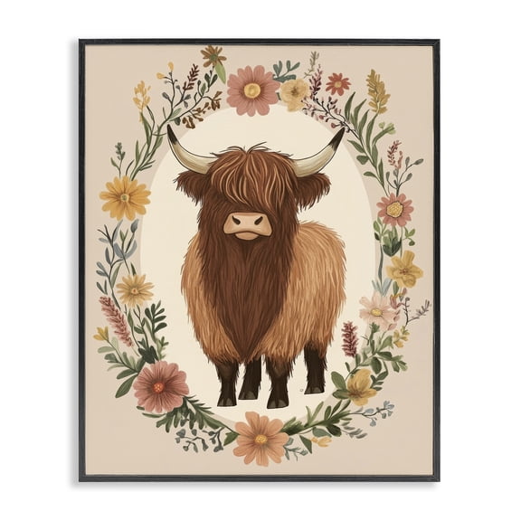 Stupell Industries Cutesy Floral Highland Cow Black Framed Giclee Art design by Petal Prints Design, 14 x 11