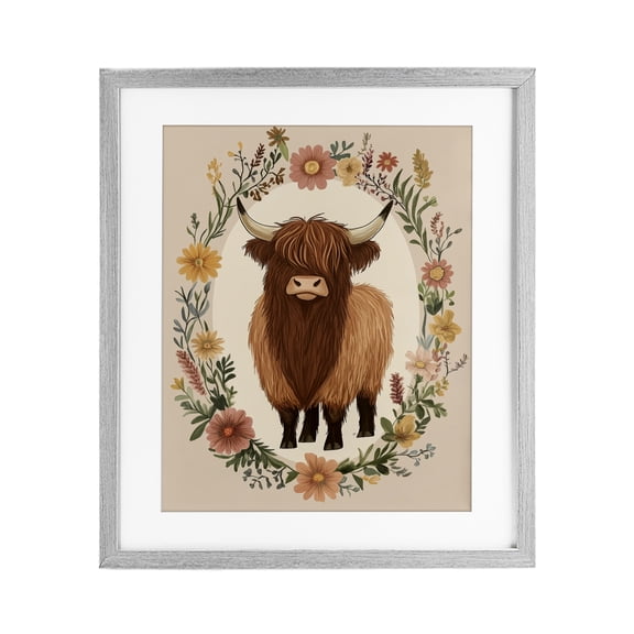 Stupell Industries Cutesy Floral Highland Cow Gray Framed Print Under Glass design by Petal Prints Design, 16 x 13