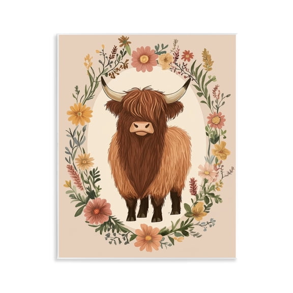 Stupell Industries Cutesy Floral Highland Cow Wall Plaque Art design by Petal Prints Design, 14 x 11