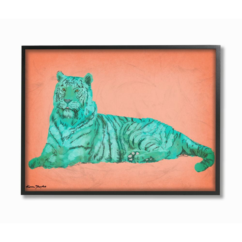 Stupell Industries Cyan Pink Tiger Design Framed Wall Art by Karen Dreyfus, 11" x 14", Black Framed