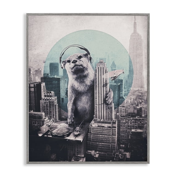 Stupell Industries DJ Otter over Cityscape Music Painting Gray Framed Art Print Wall Art, 16 x 20