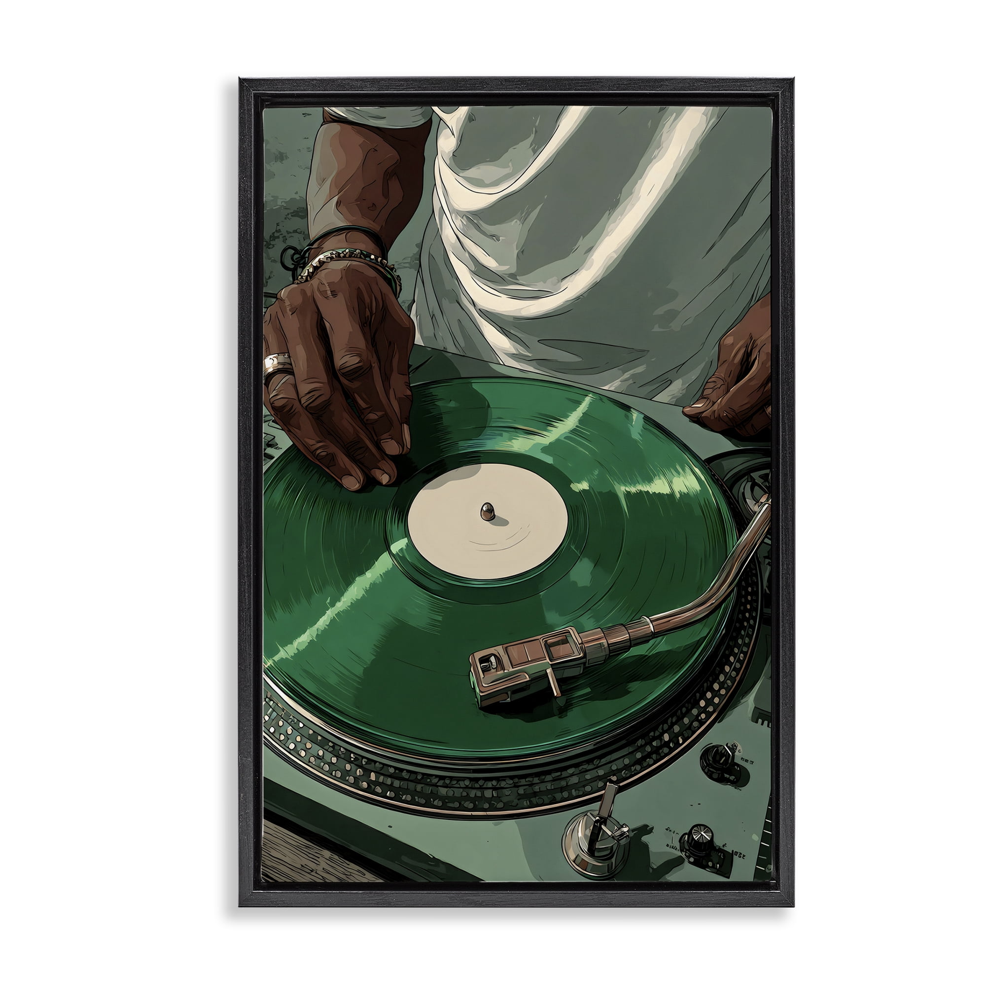 Stupell Industries DJ Spinning Green Record Black Framed Floater Canvas Wall Art, design by Franklyn Gregory