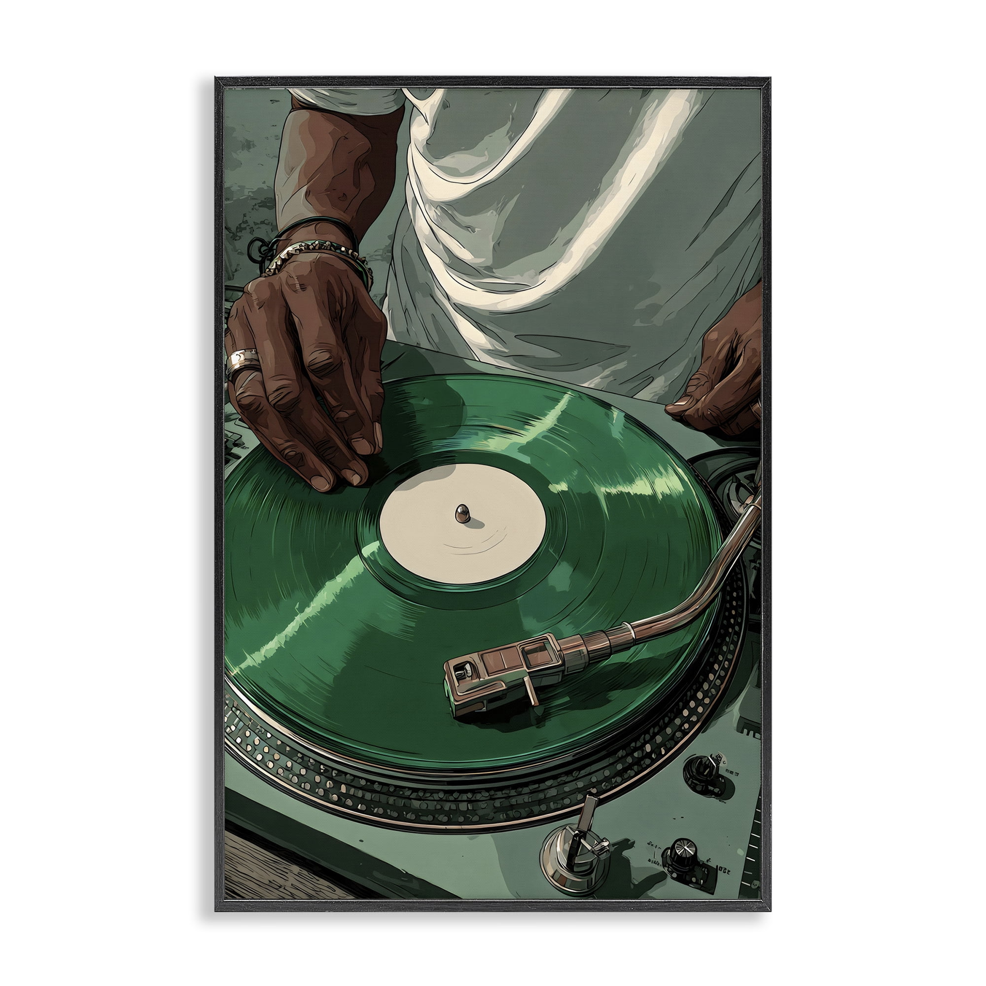 Stupell Industries DJ Spinning Green Record Black Framed Giclee Art, design by Franklyn Gregory
