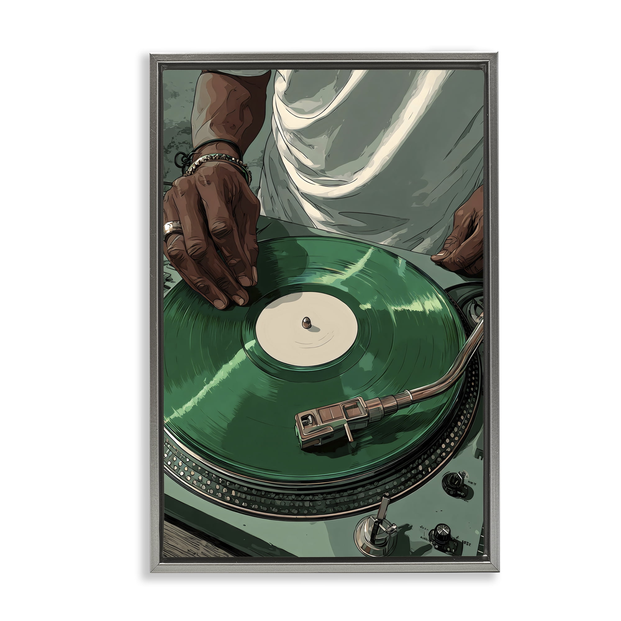 Stupell Industries DJ Spinning Green Record Gray Framed Floater Canvas Wall Art, design by Franklyn Gregory