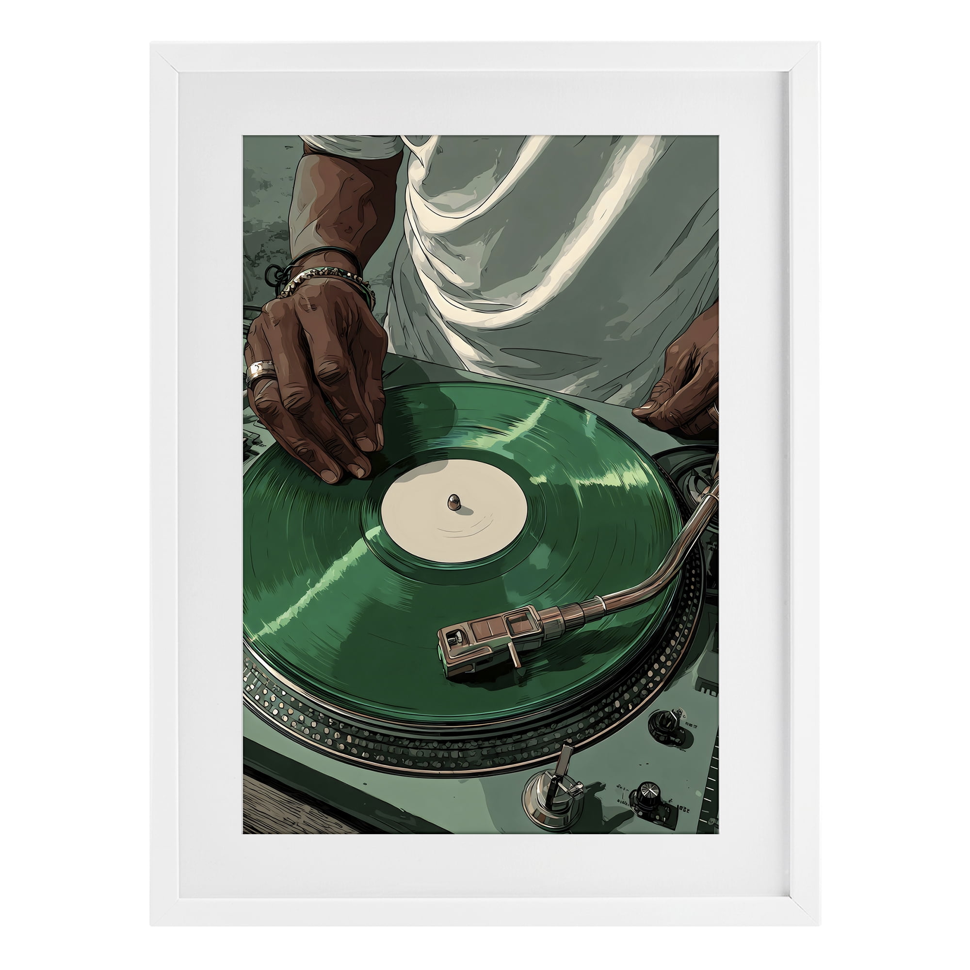 Stupell Industries DJ Spinning Green Record White Framed Print Under Glass, design by Franklyn Gregory