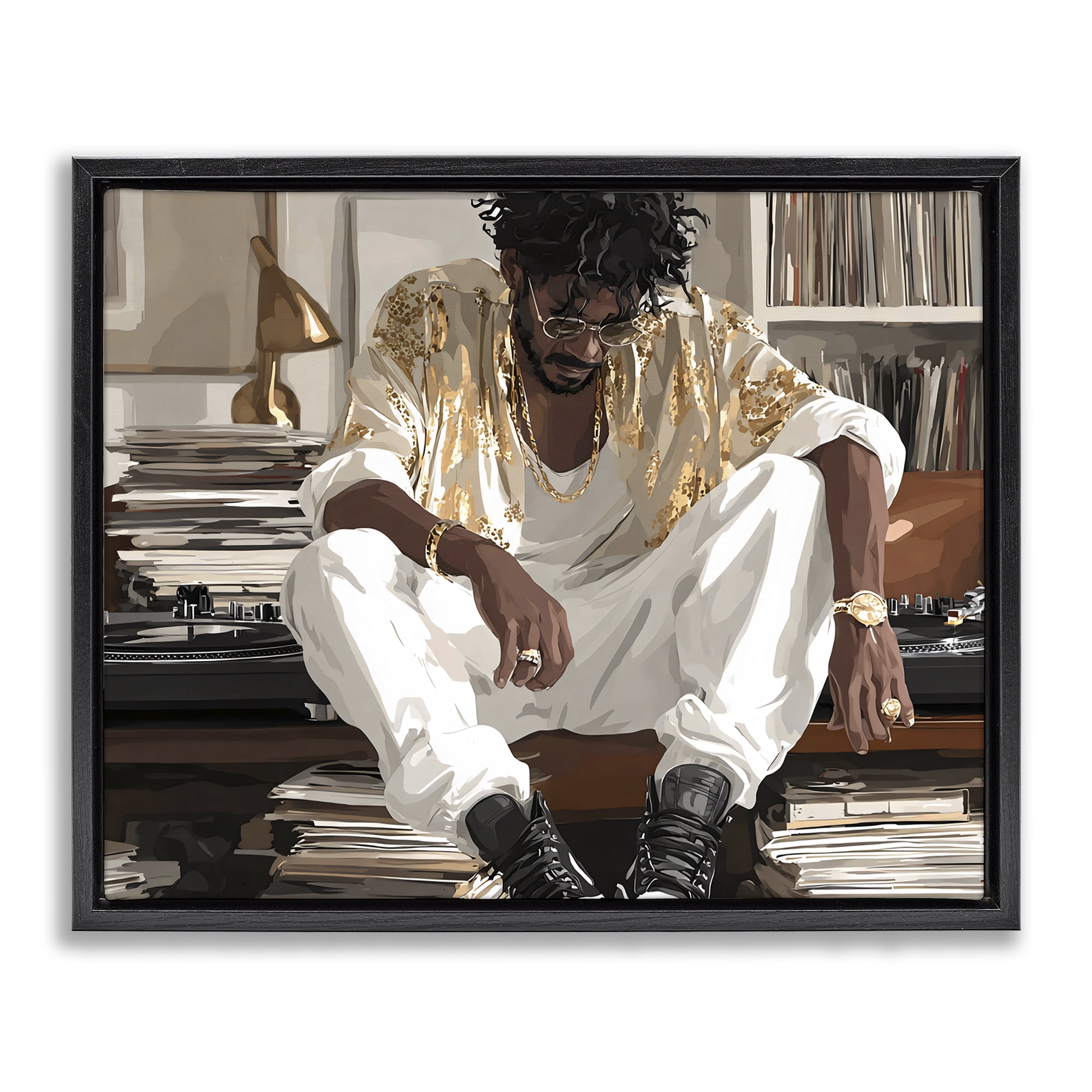 Stupell Industries DJ with Record Collection Black Framed Floater Canvas Wall Art, design by Franklyn Gregory