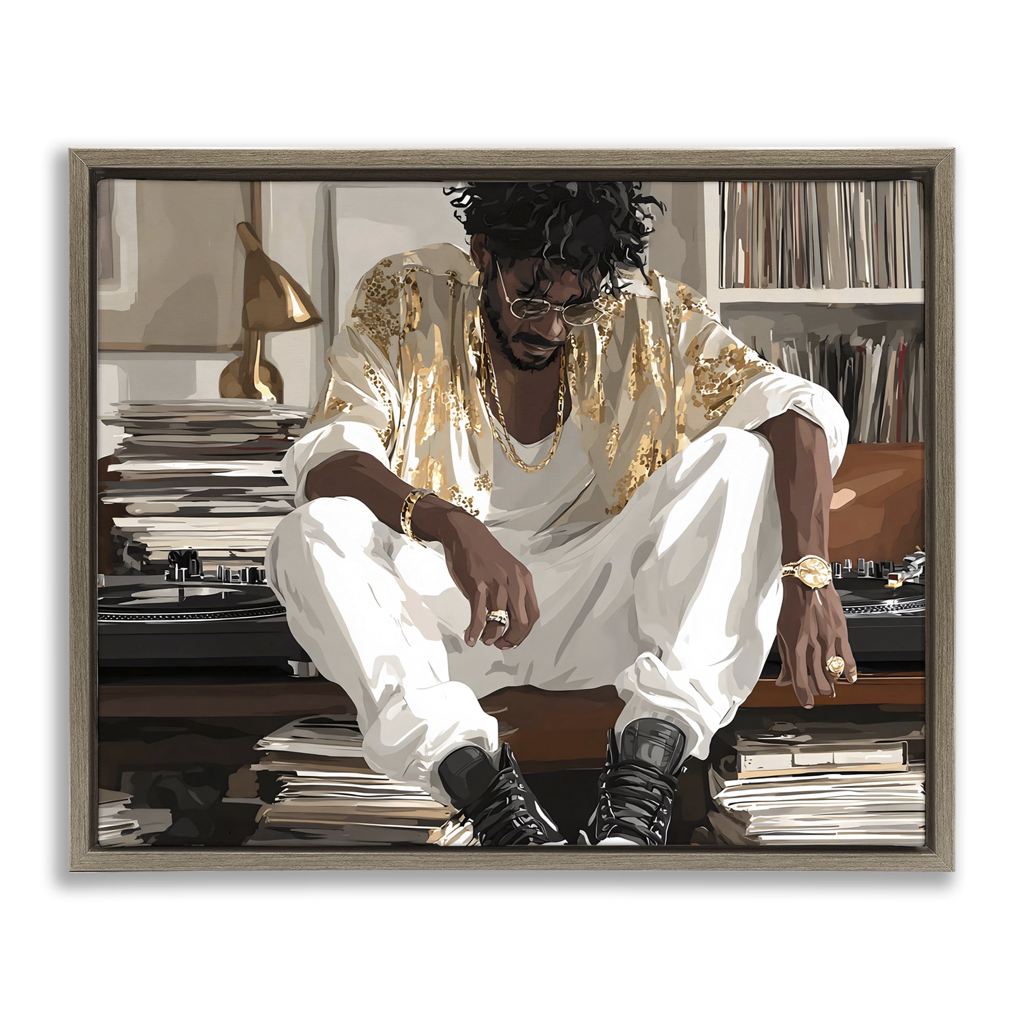 Stupell Industries DJ with Record Collection Brown Framed Floater Canvas Wall Art, design by Franklyn Gregory