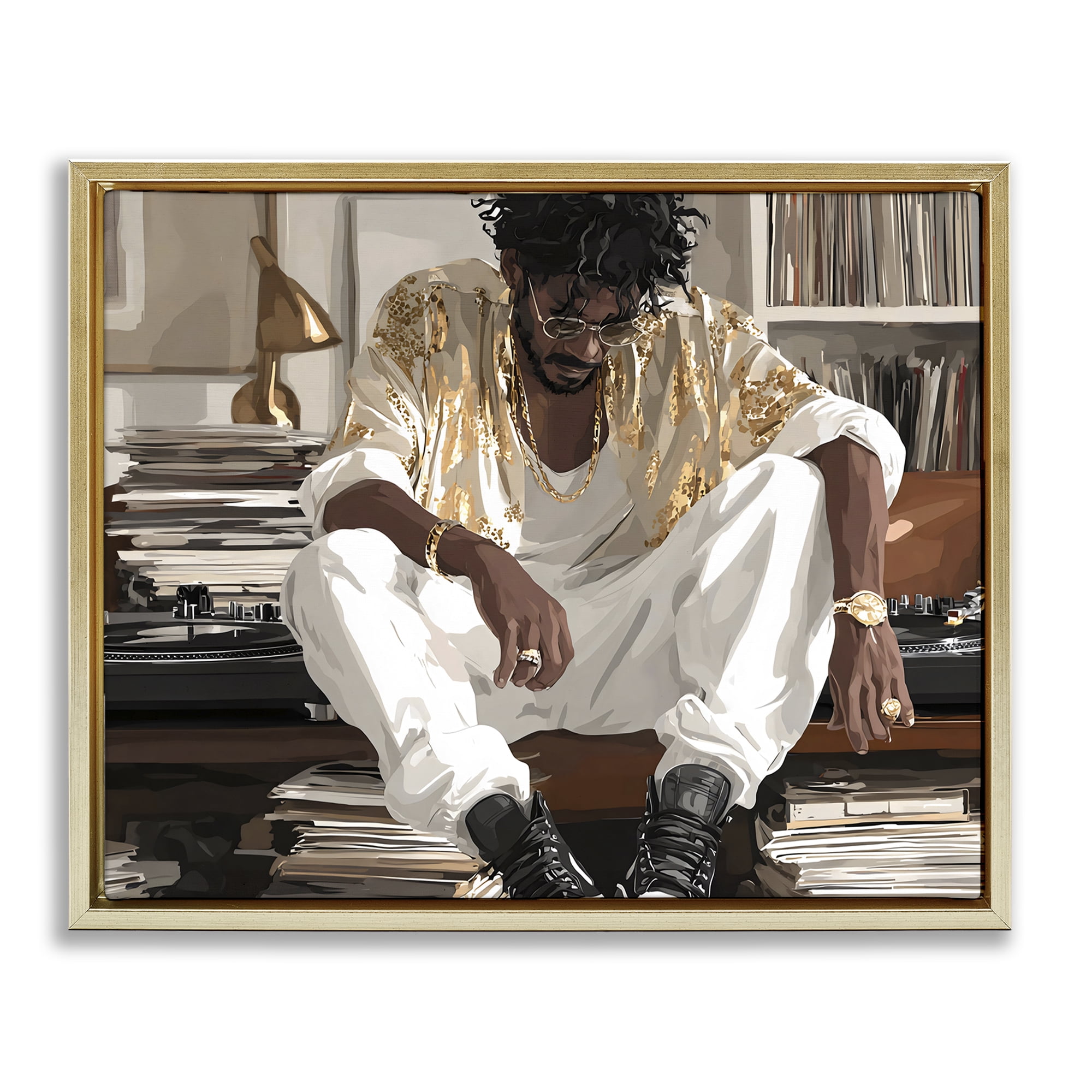 Stupell Industries DJ with Record Collection Gold Framed Floater Canvas Wall Art, design by Franklyn Gregory