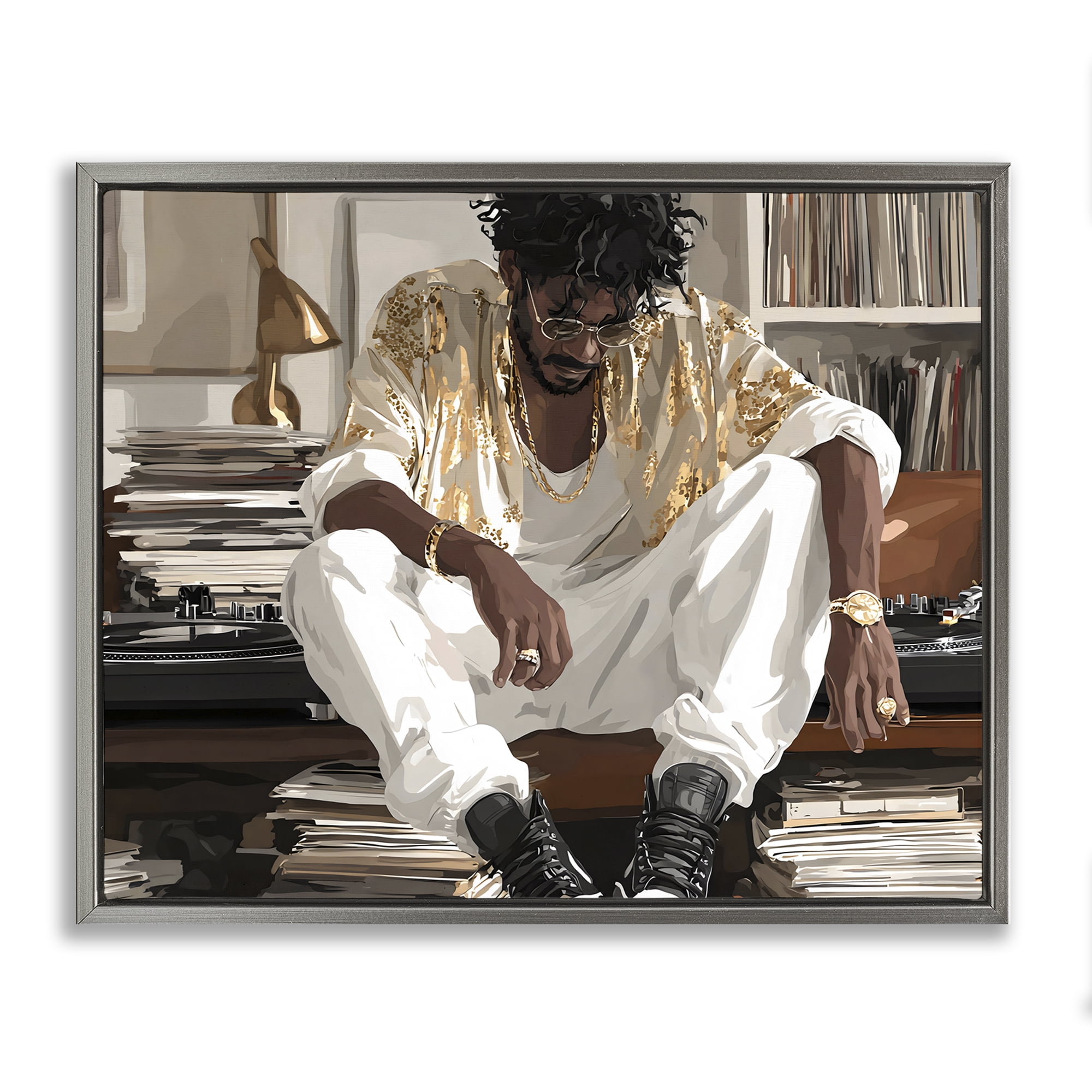 Stupell Industries DJ with Record Collection Gray Framed Floater Canvas Wall Art, design by Franklyn Gregory