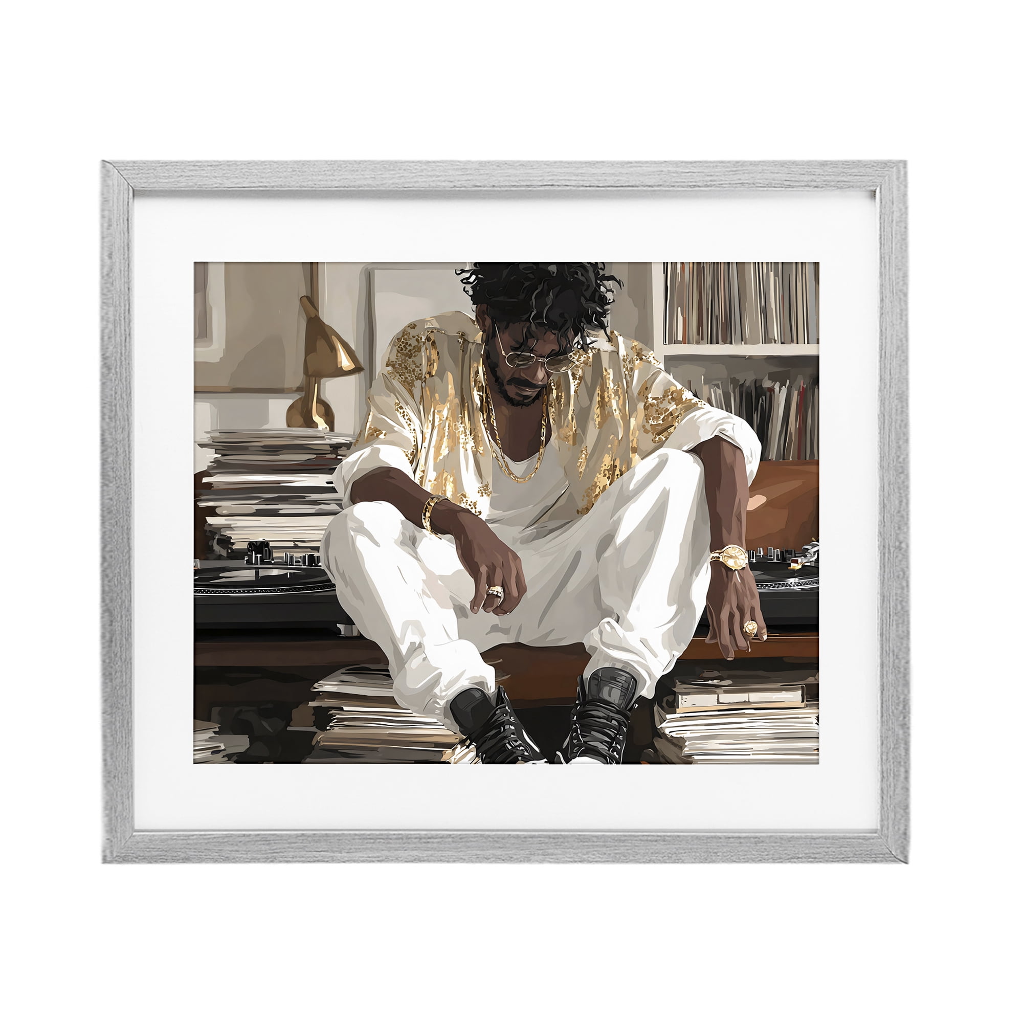 Stupell Industries DJ with Record Collection Gray Framed Print Under Glass, design by Franklyn Gregory