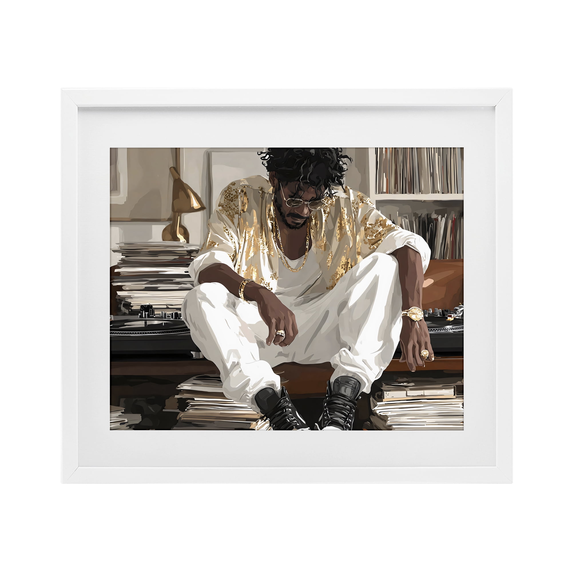 Stupell Industries DJ with Record Collection White Framed Print Under Glass, design by Franklyn Gregory