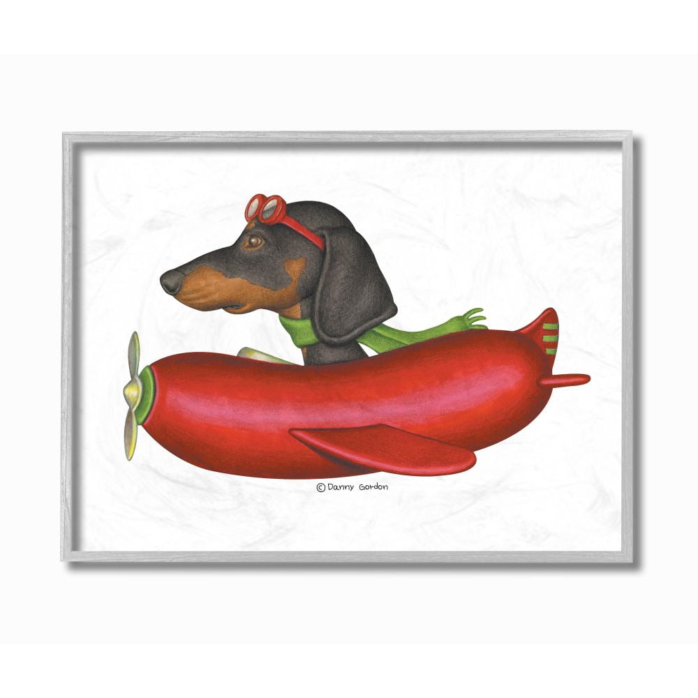 Stupell Industries Dachshund Flying in Weenie Mobile Playful Plane Illustration Designed by Danny Gordan