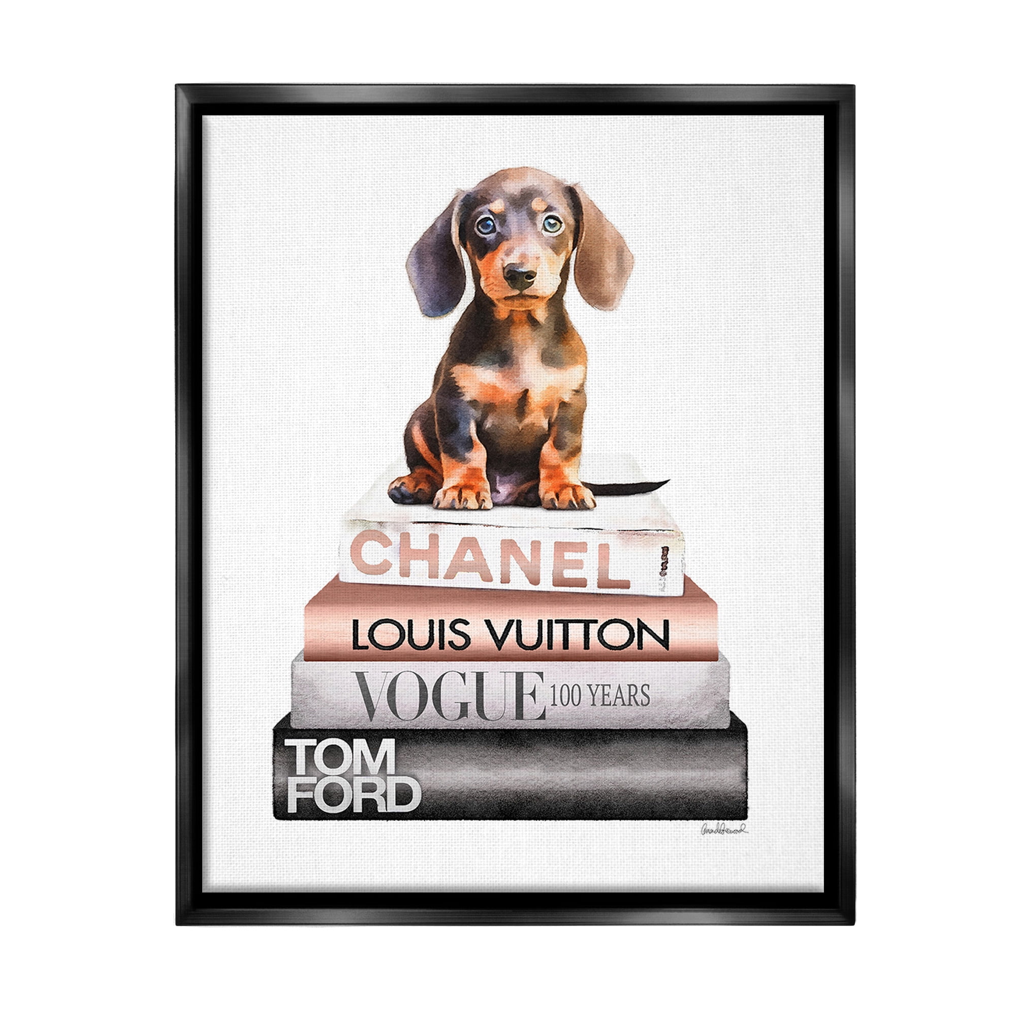 Stupell Industries Dachshund Puppy Bookstack Beauty & Fashion Painting Black Floater Framed Canvas Art Print Wall Art, 17 x 21