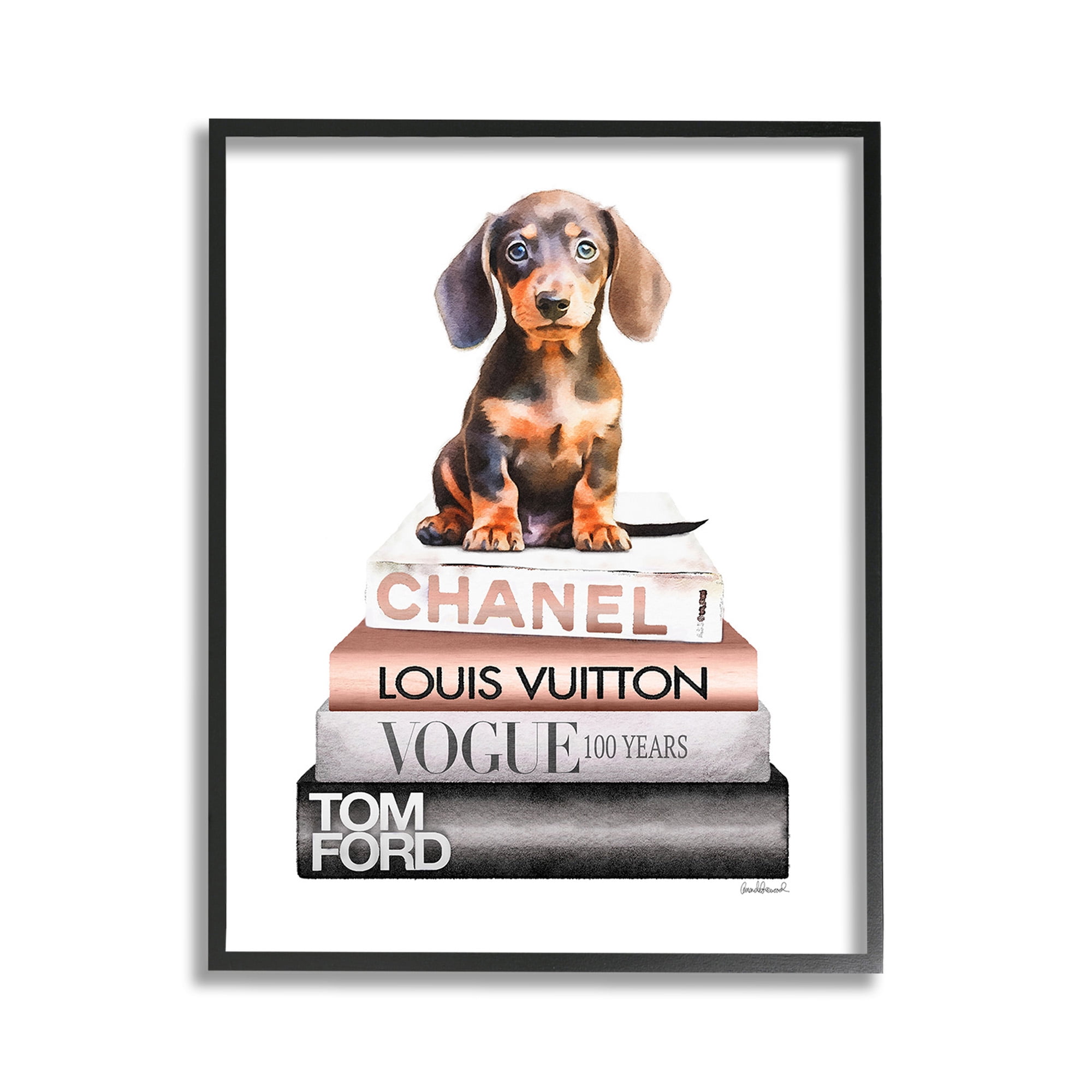 Stupell Industries Dachshund Puppy Bookstack Beauty & Fashion Painting Black Framed Art Print Wall Art, 11 x 14