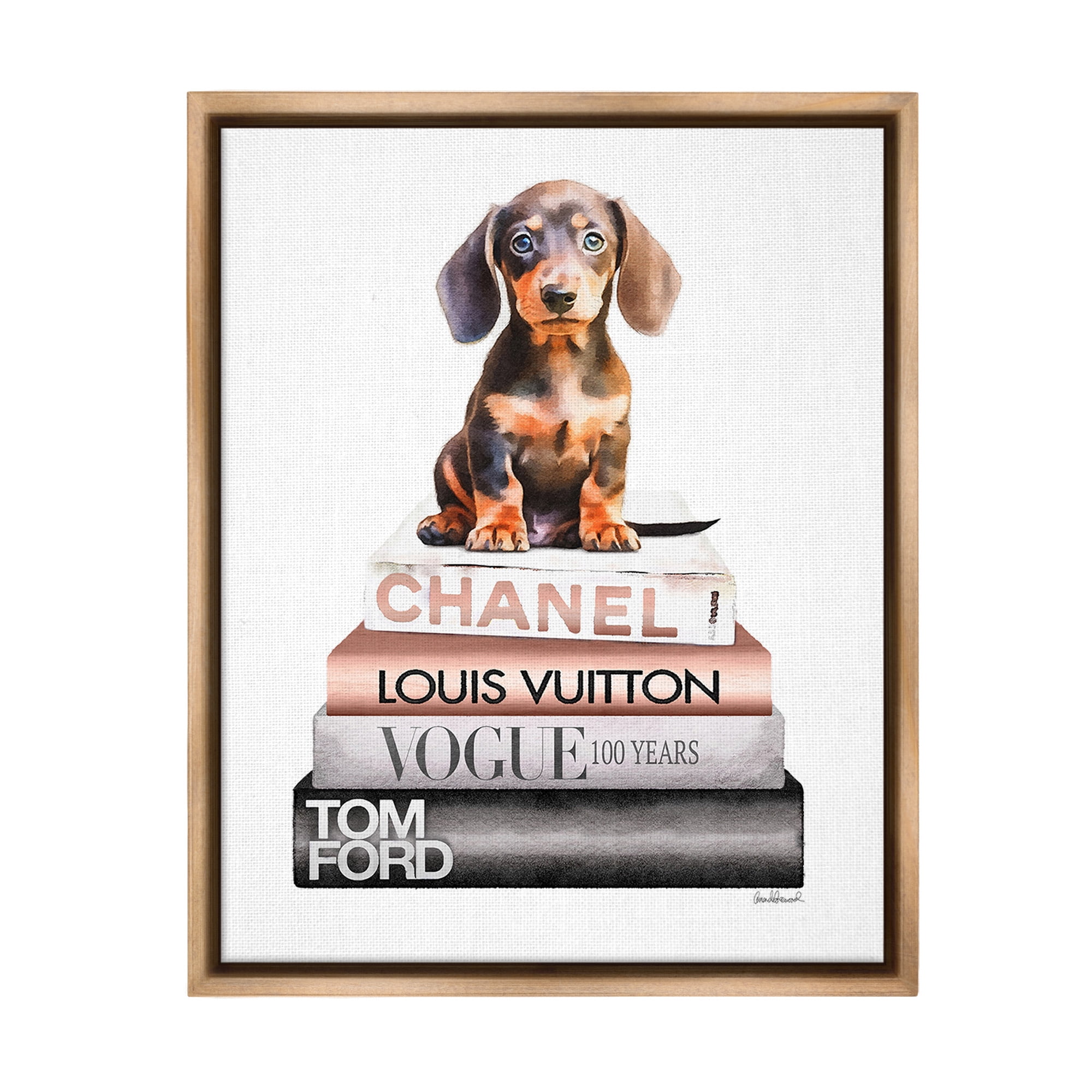 Stupell Industries Dachshund Puppy Bookstack Beauty & Fashion Painting Brown Floater Framed Canvas Art Print Wall Art, 25 x 31