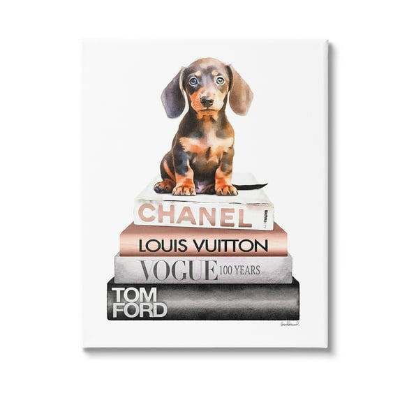 Stupell Industries Dachshund Puppy Bookstack Beauty & Fashion Painting Gallery Wrapped Canvas Art Print Wall Art, 36 x 48