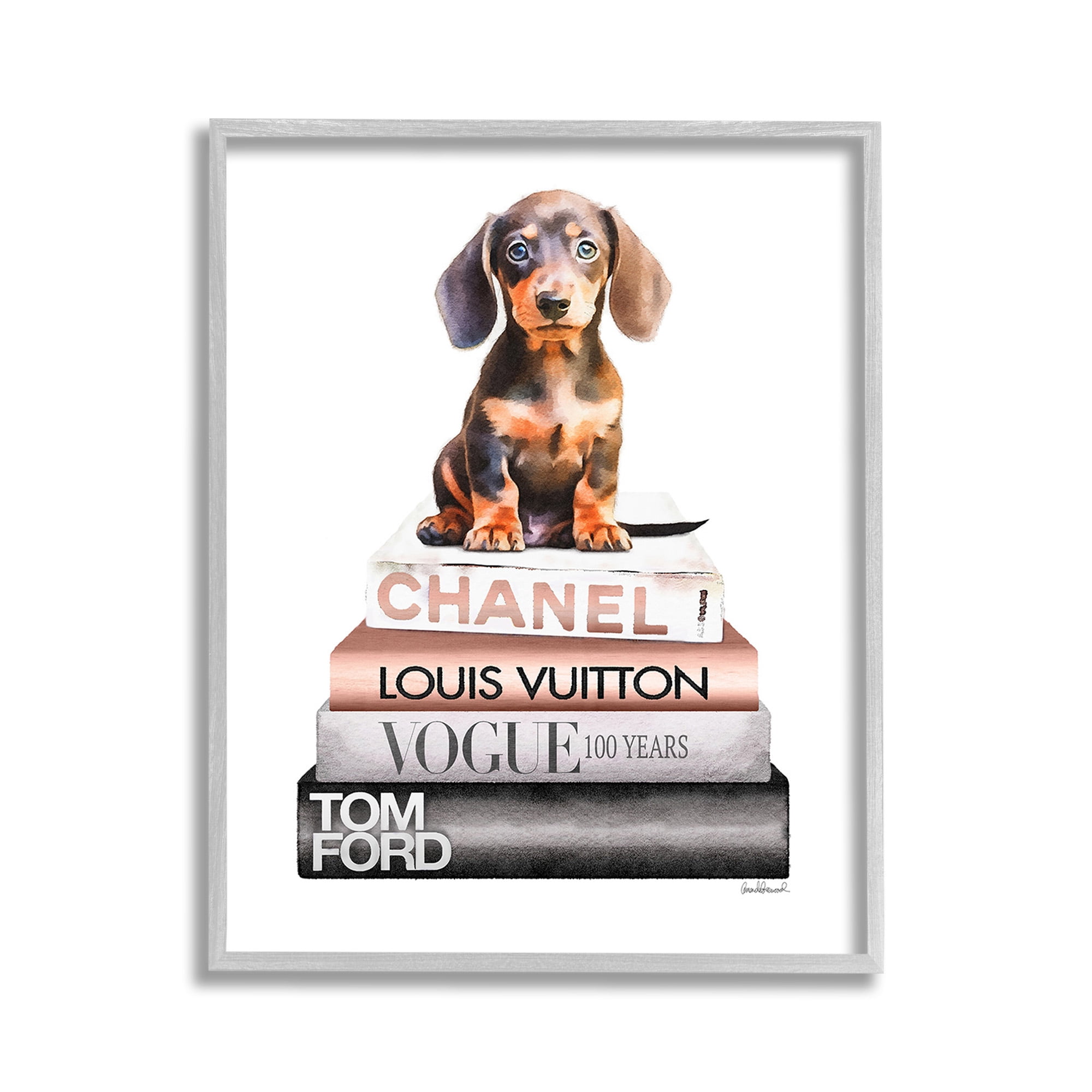 Stupell Industries Dachshund Puppy Bookstack Beauty & Fashion Painting Gray Framed Art Print Wall Art, 11 x 14