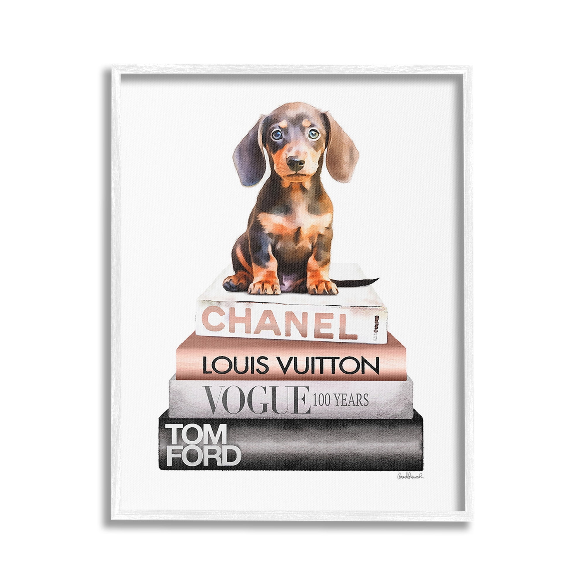 Stupell Industries Dachshund Puppy Bookstack Beauty & Fashion Painting White Framed Art Print Wall Art, 16 x 20