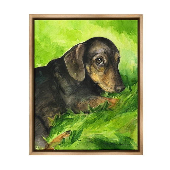 Stupell Industries Dachshund Relaxing in Grass Animals & Insects Painting Brown Floater Framed Canvas Art Print Wall Art, 17 x 21