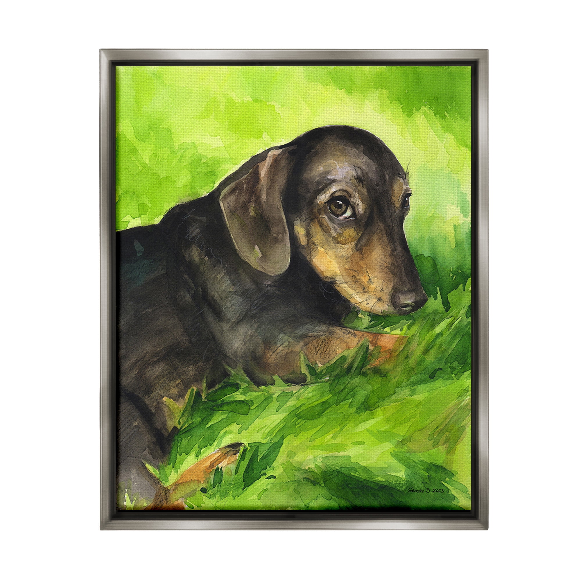 Stupell Industries Dachshund Relaxing in Grass Animals & Insects Painting Gray Floater Framed Canvas Art Print Wall Art, 17 x 21