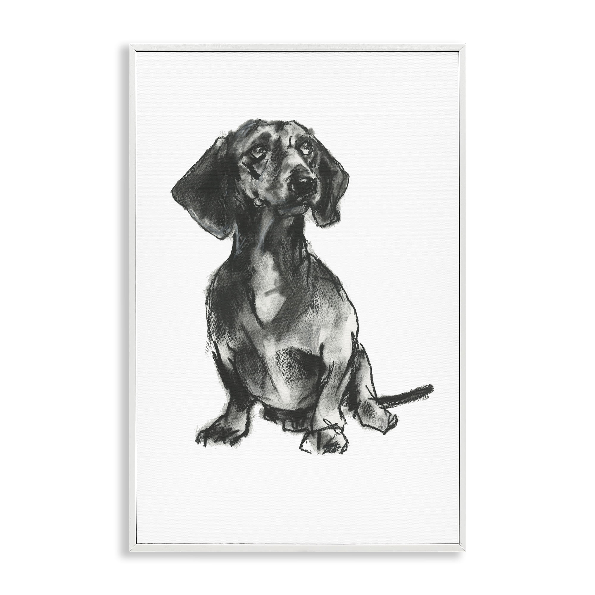 White Framed Dachshund Sitting Drawing Canvas Art, 12 x 18