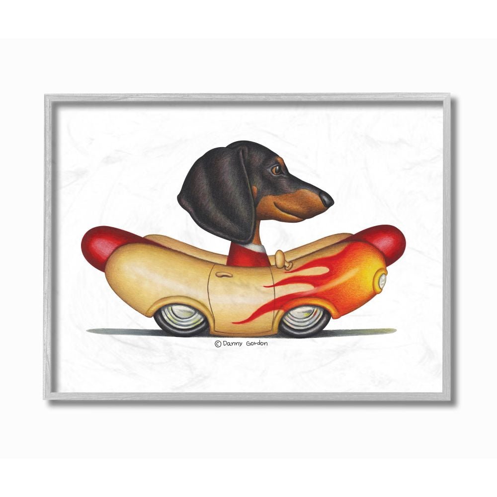 Stupell Industries Dachshund in Weenie Mobile Playful Car Illustration Graphic Art Gray Framed Art Print Wall Art, 11x14, by Danny Gordan