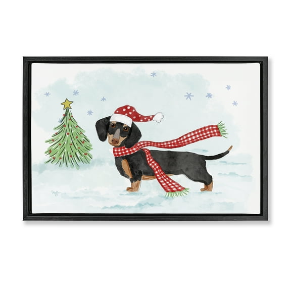 Stupell Industries Dachshund with Scarf Holiday Painting Black Floater Framed Canvas Art Prints Wall Art, 25 x 17