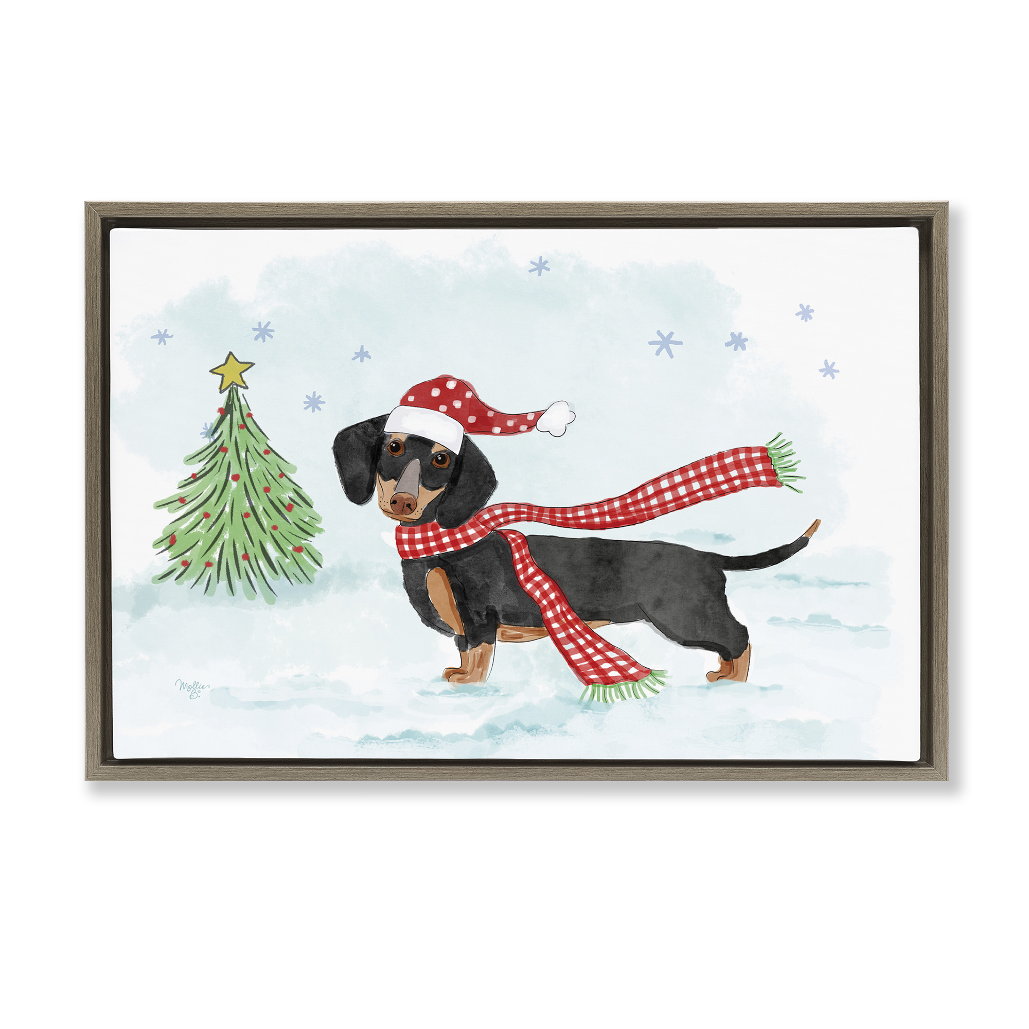 Stupell Industries Dachshund with Scarf Holiday Painting Brown Floater Framed Canvas Art Prints Wall Art, 25 x 17