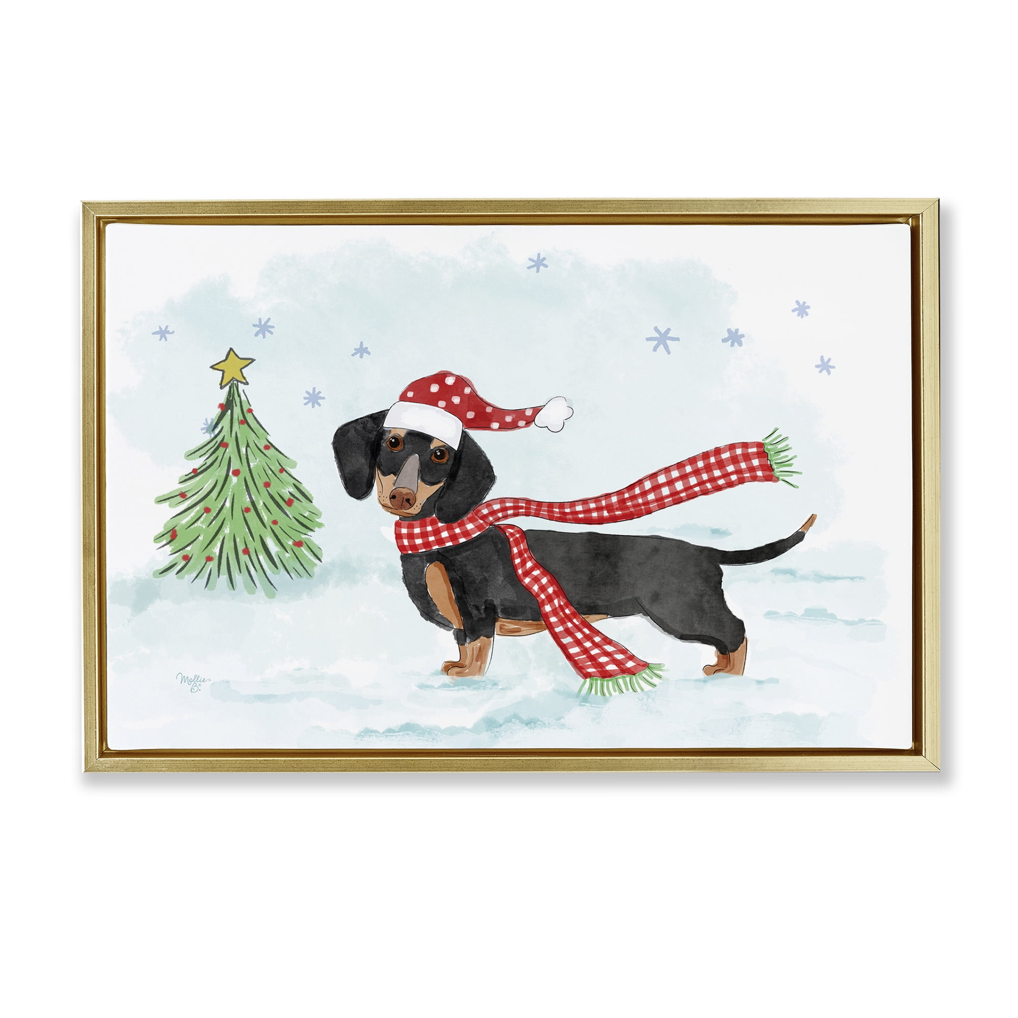 Stupell Industries Dachshund with Scarf Holiday Painting Gold Floater Framed Canvas Art Prints Wall Art, 25 x 17