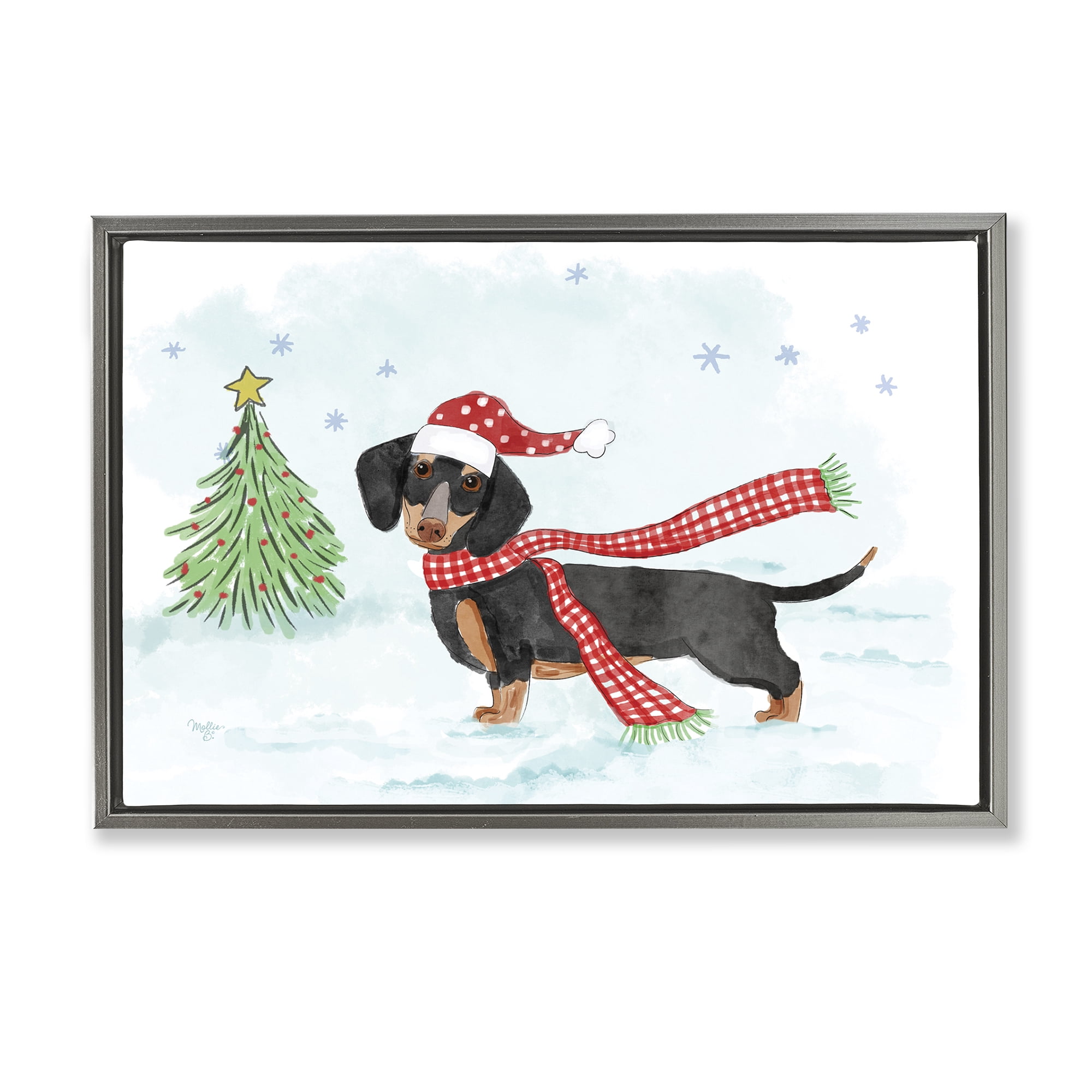 Stupell Industries Dachshund with Scarf Holiday Painting Gray Floater Framed Canvas Art Prints Wall Art, 31 x 21