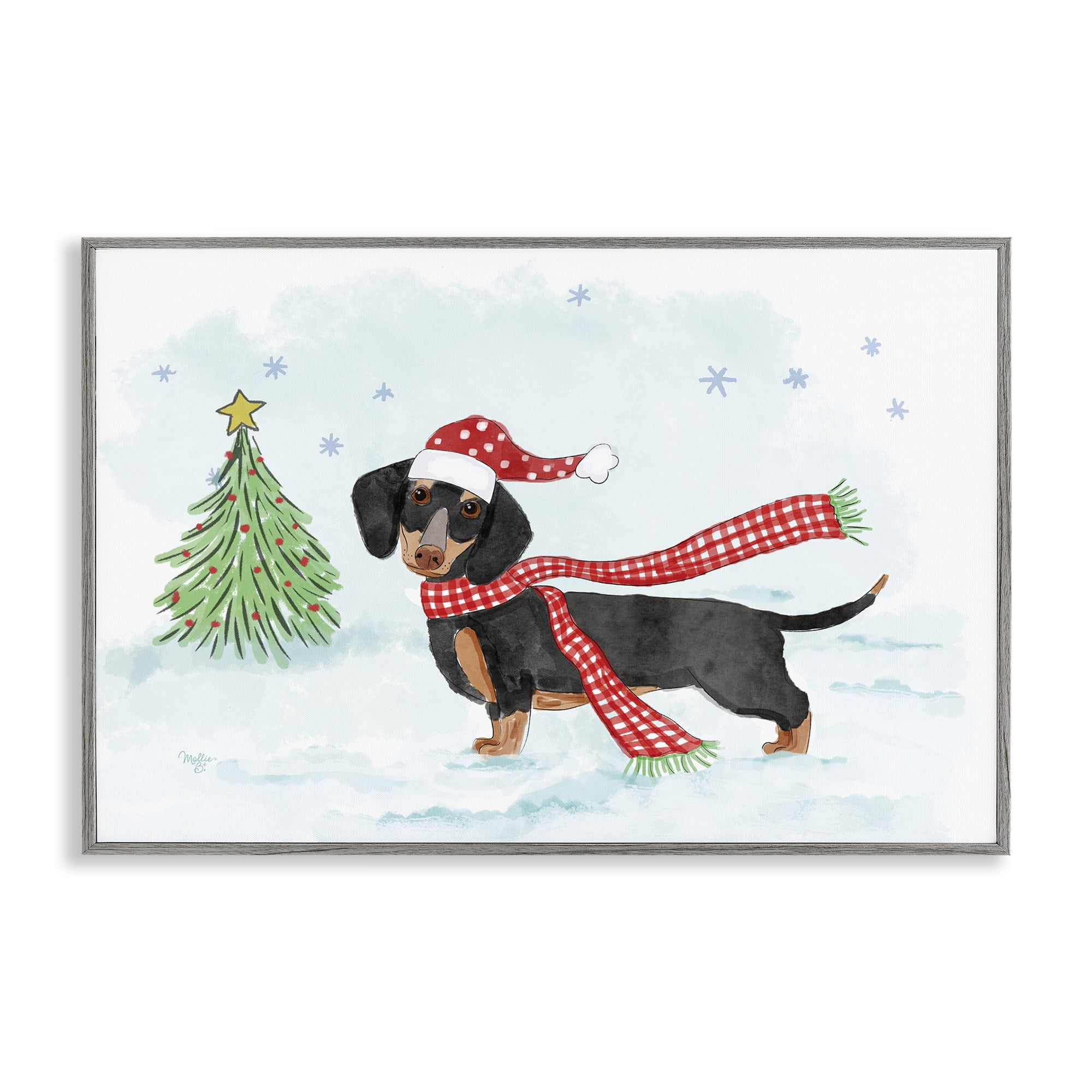 Stupell Industries Dachshund with Scarf Holiday Painting Gray Framed Art Prints Wall Art, 18 x 12